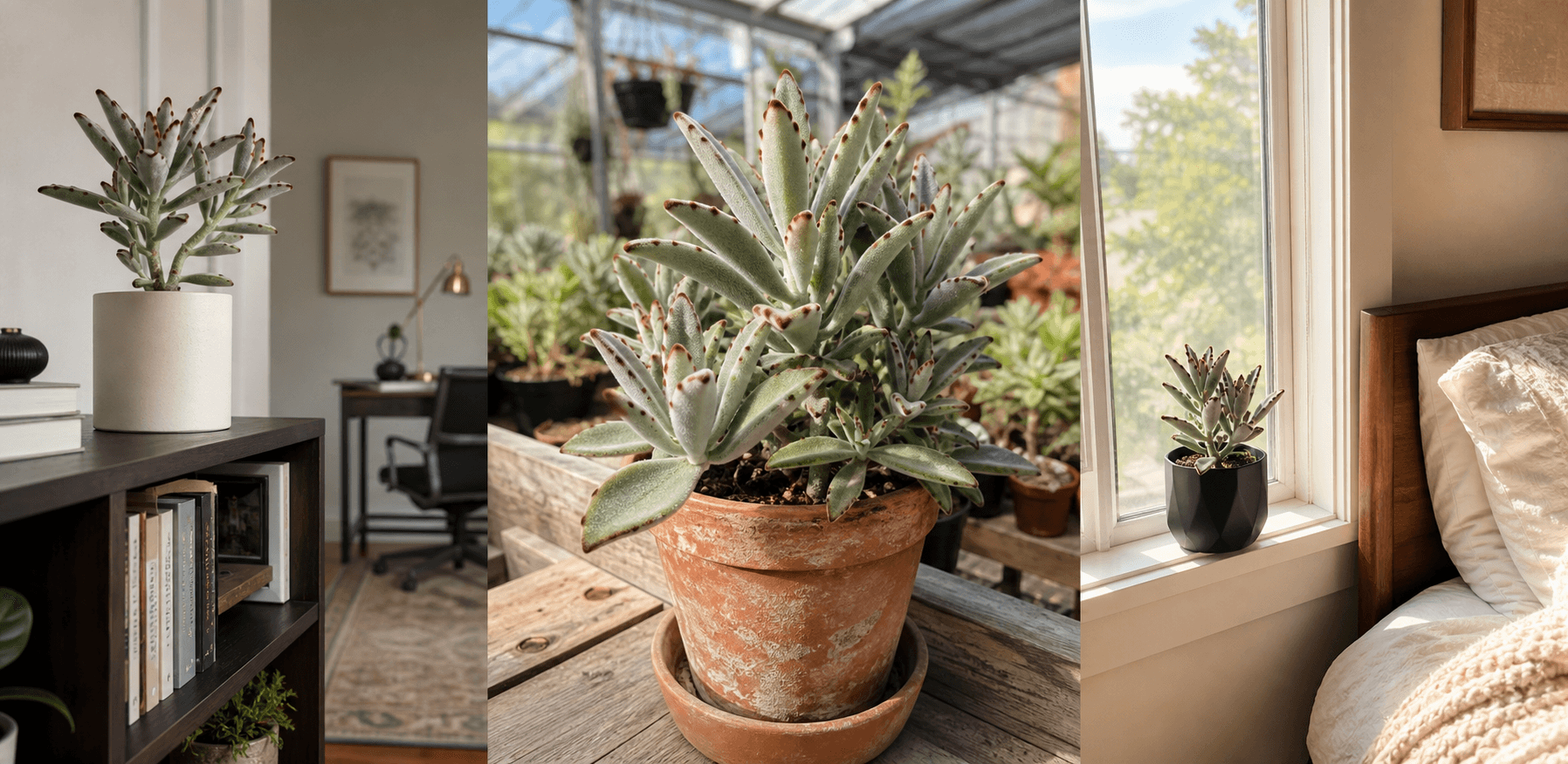 Tomentosa kalanchoe shown in three settings: Executive office, Refined living room, Bright conservatory