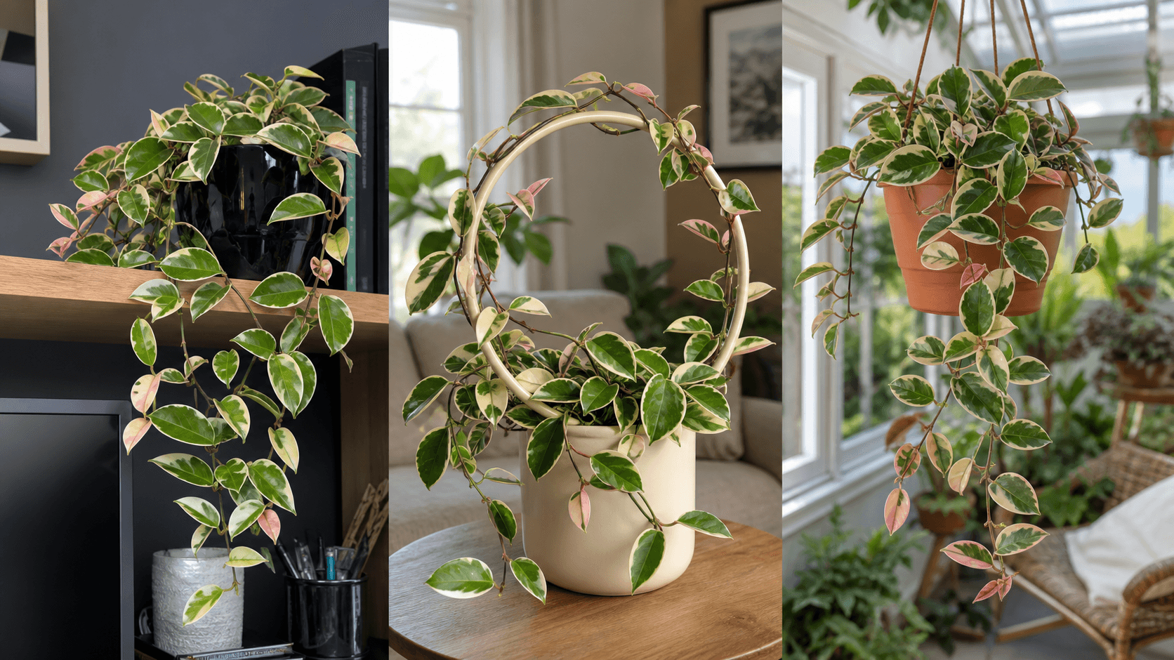 Krimson Queen wax plant shown in three settings: Executive office shelf, Living room hanging planter, Glass conservatory display