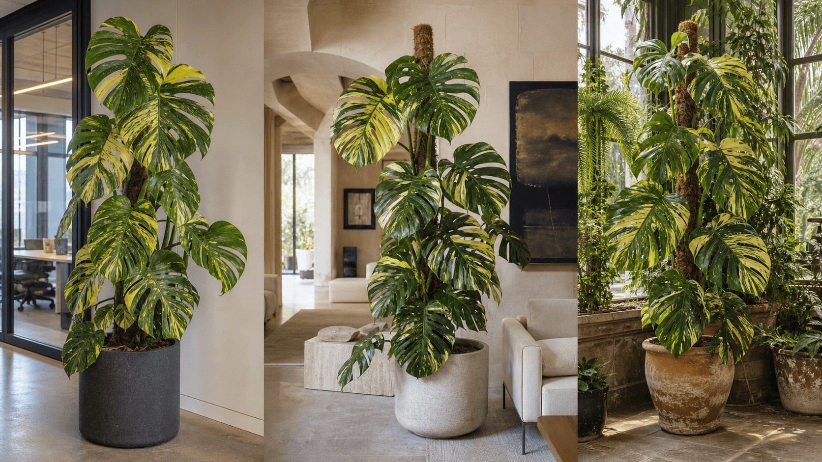Large-Form Monstera Aurea shown in three settings: Living room trellis, Architectural entryway support, Conservatory wall