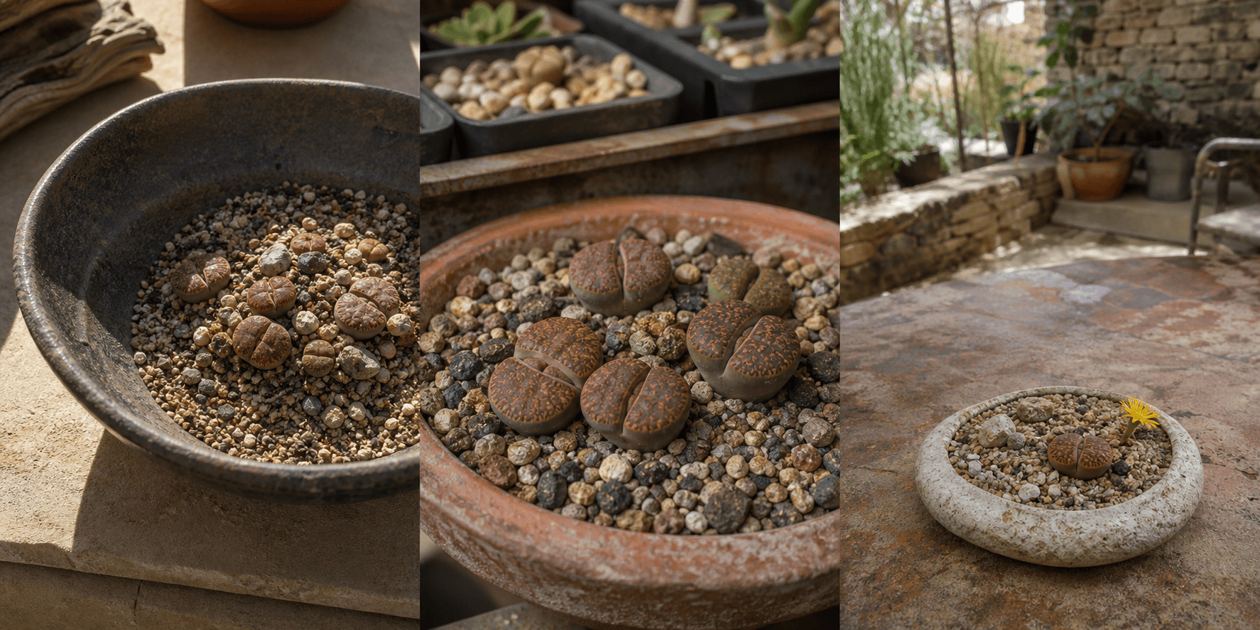 Aucampiae living stone shown in three settings: Bright executive office, Modern living room, Sheltered patio