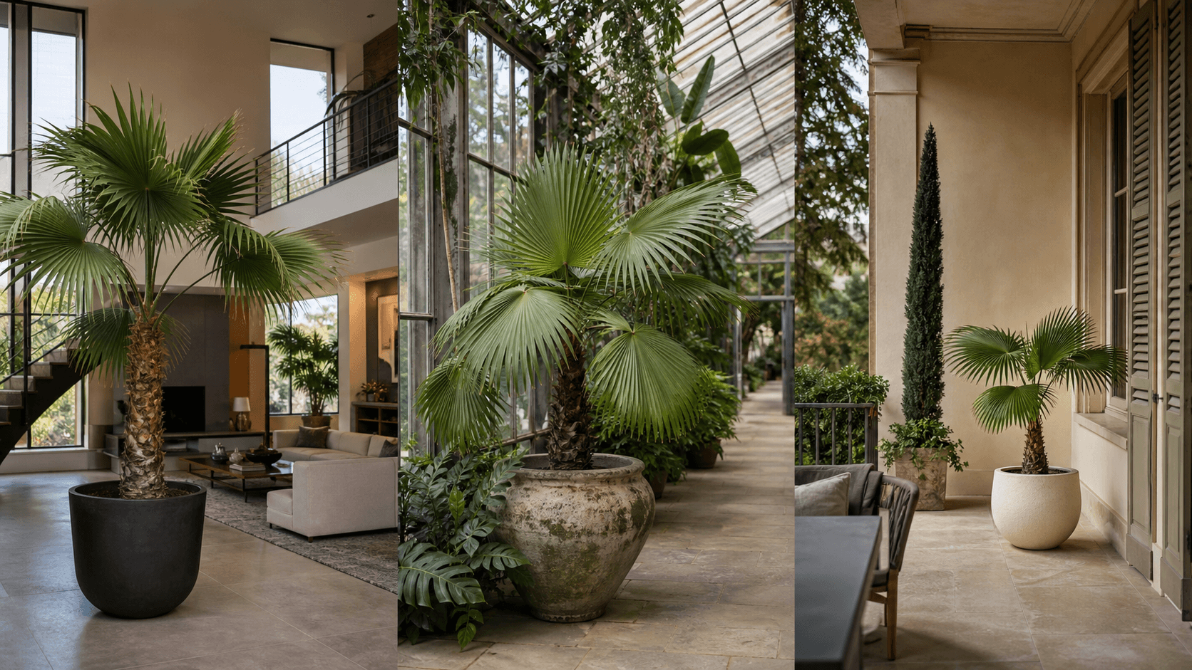 Chinensis fan palm shown in three settings: Executive office, Refined living room, Bright conservatory