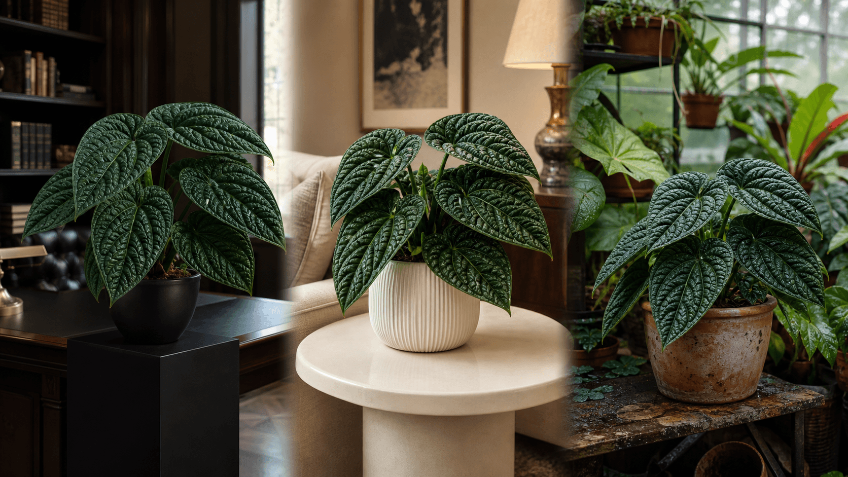 Luxurians Anthurium shown in three settings: Executive office, Refined living room, Bright conservatory