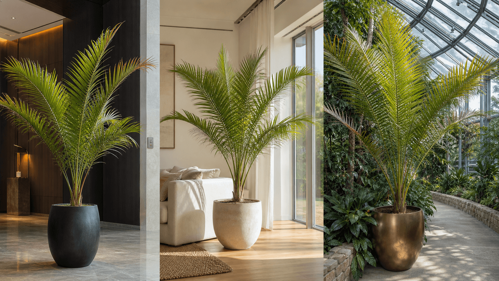 Majesty Palm shown in three settings: Executive office, Refined living room, Bright conservatory