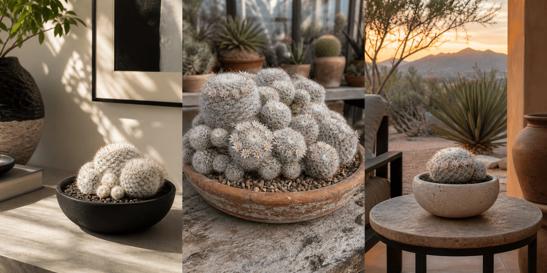 Bocasana pincushion cactus shown in three settings: Bright executive office, Modern living room, Sheltered patio