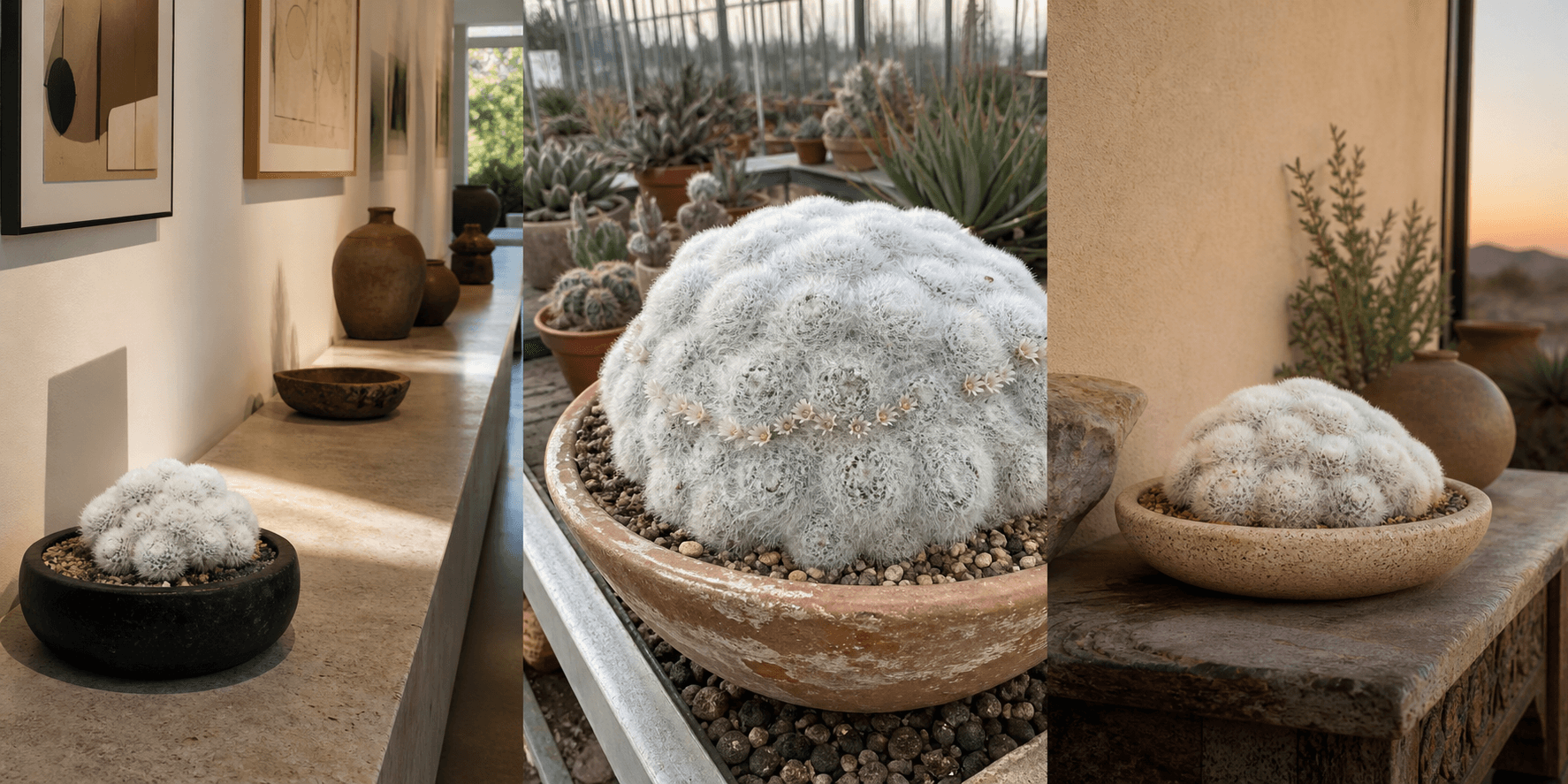 Plumosa pincushion cactus shown in three settings: Bright executive office, Modern living room, Sheltered patio