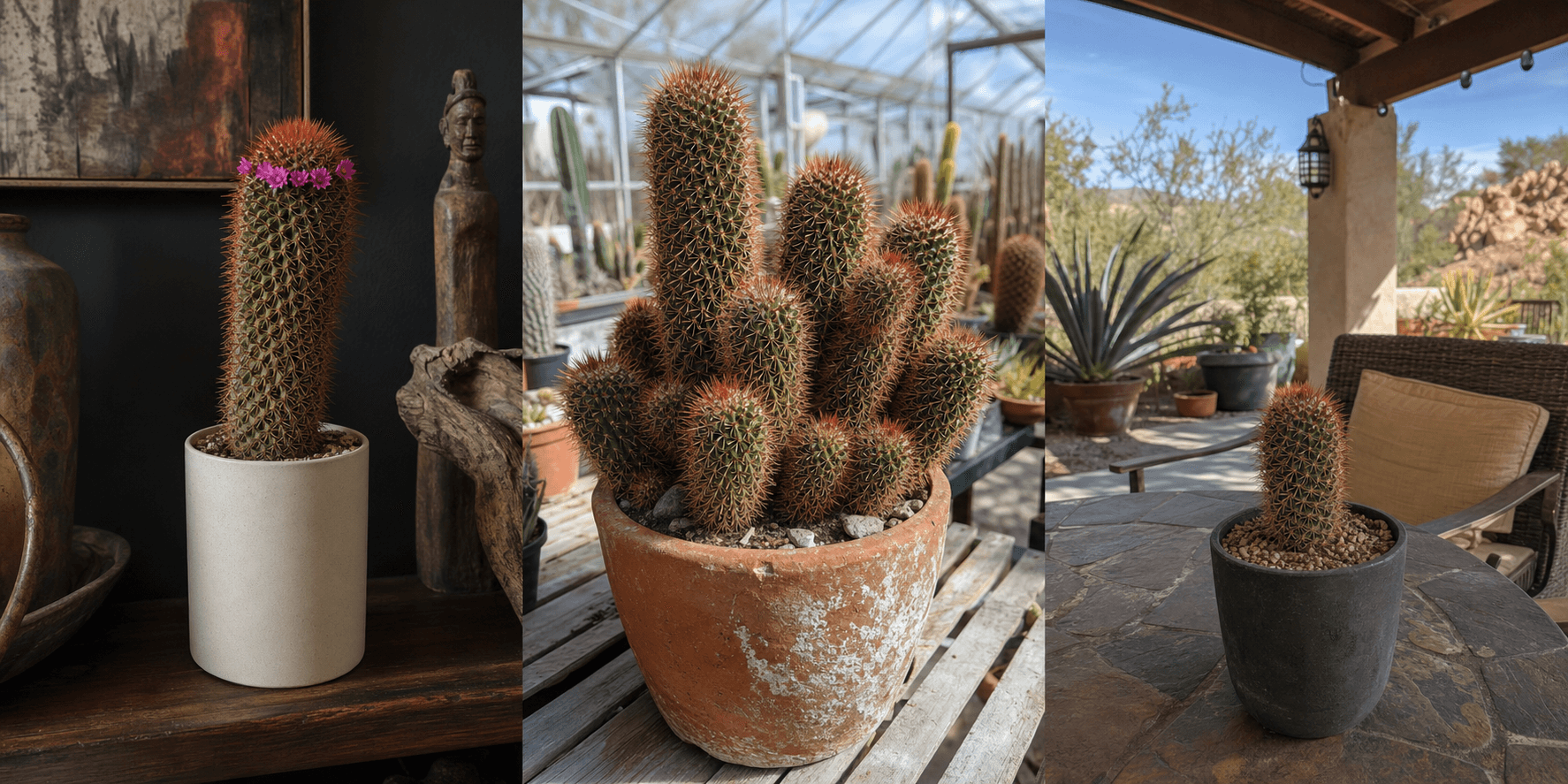 Spinosissima pincushion cactus shown in three settings: Bright executive office, Modern living room, Sheltered patio