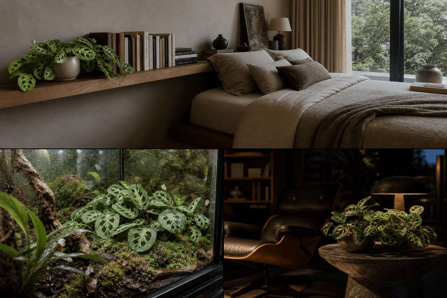 Prayer plant shown in three settings: Executive office shelf, Living room hanging planter, Glass conservatory display