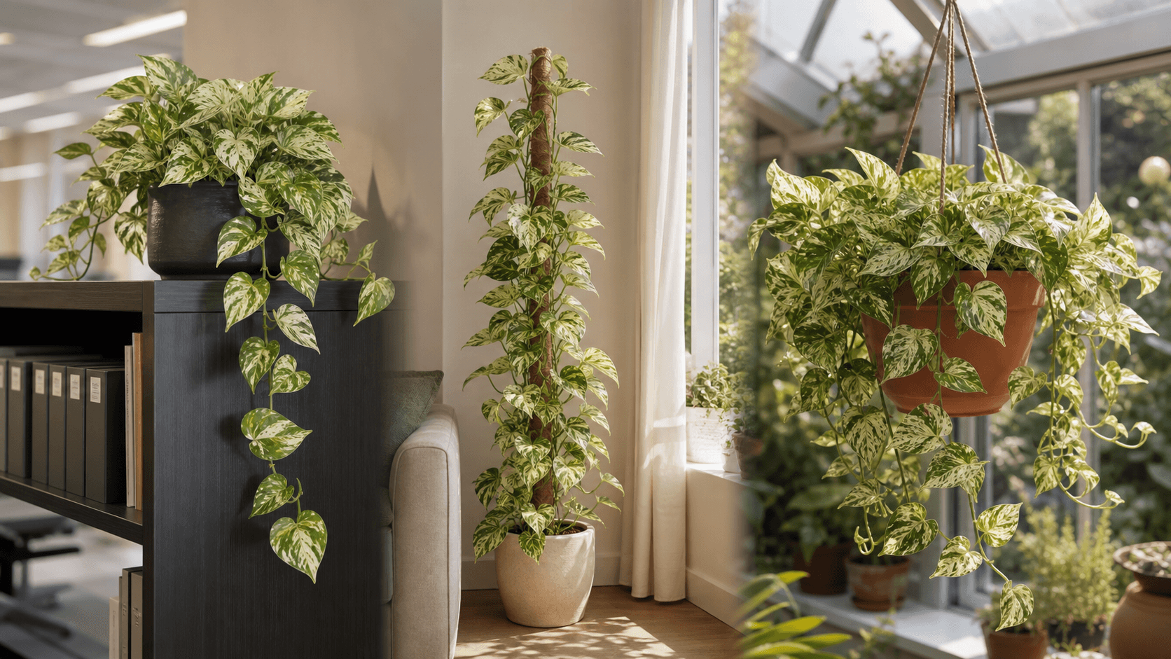 Marble Queen Pothos shown in three settings: Executive office shelf, Living room hanging planter, Glass conservatory display