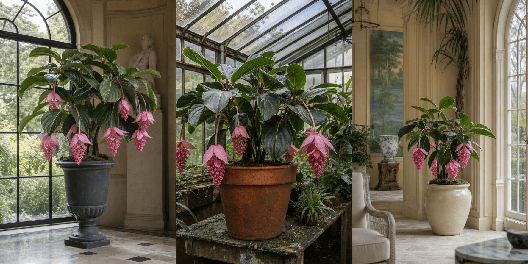 Magnifica rose grape shown in three settings: Refined living room, Bright architectural entryway, Sheltered patio