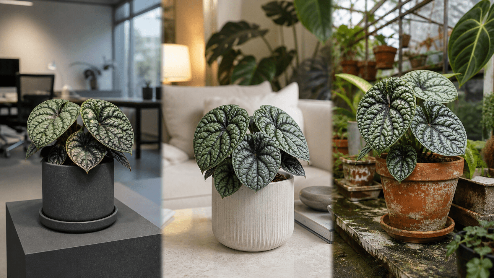 Melo Tricolor Alocasia shown in three settings: Executive office, Refined living room, Bright conservatory