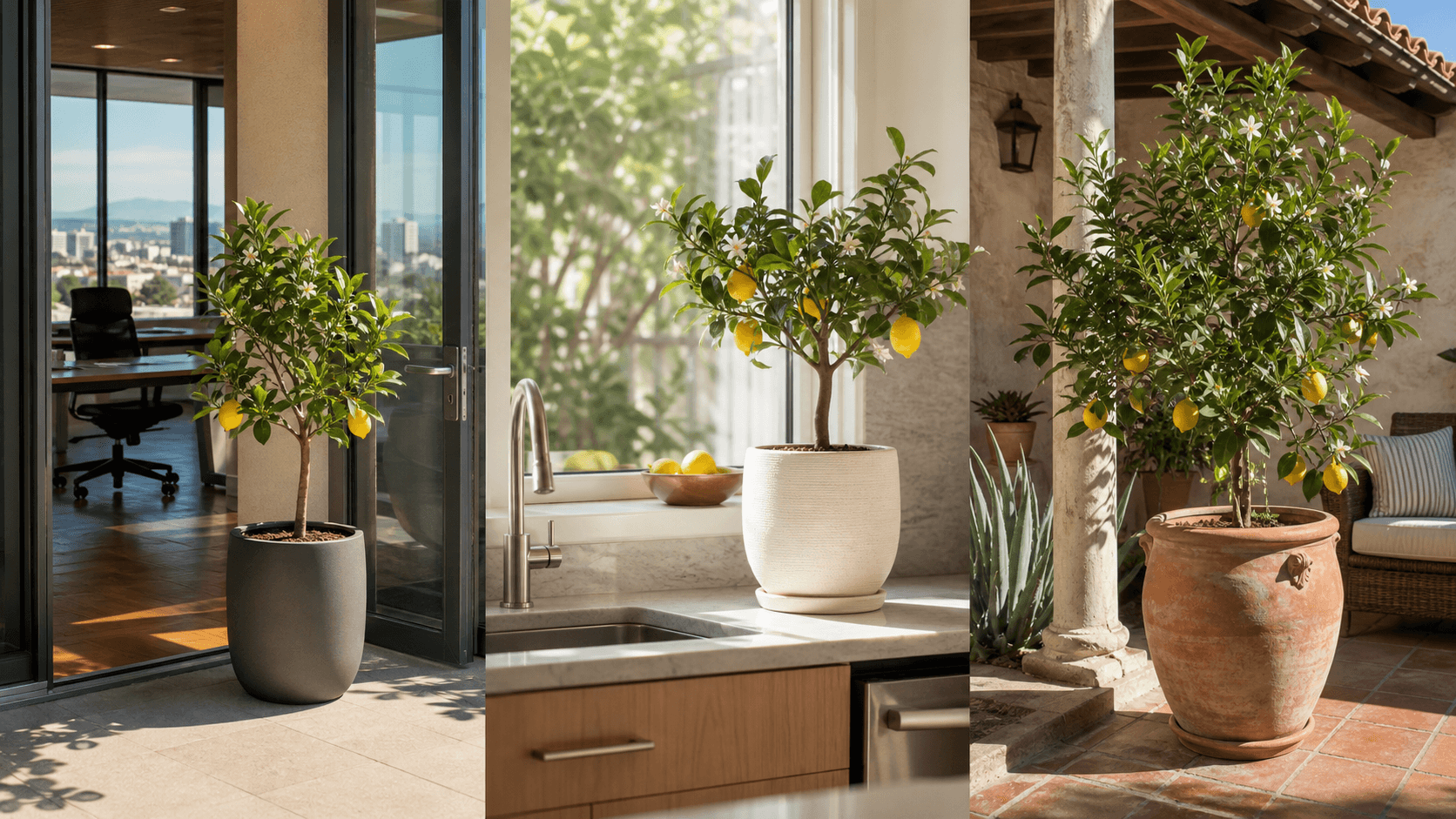 Meyer Lemon shown in three settings: Executive office, Refined living room, Bright conservatory