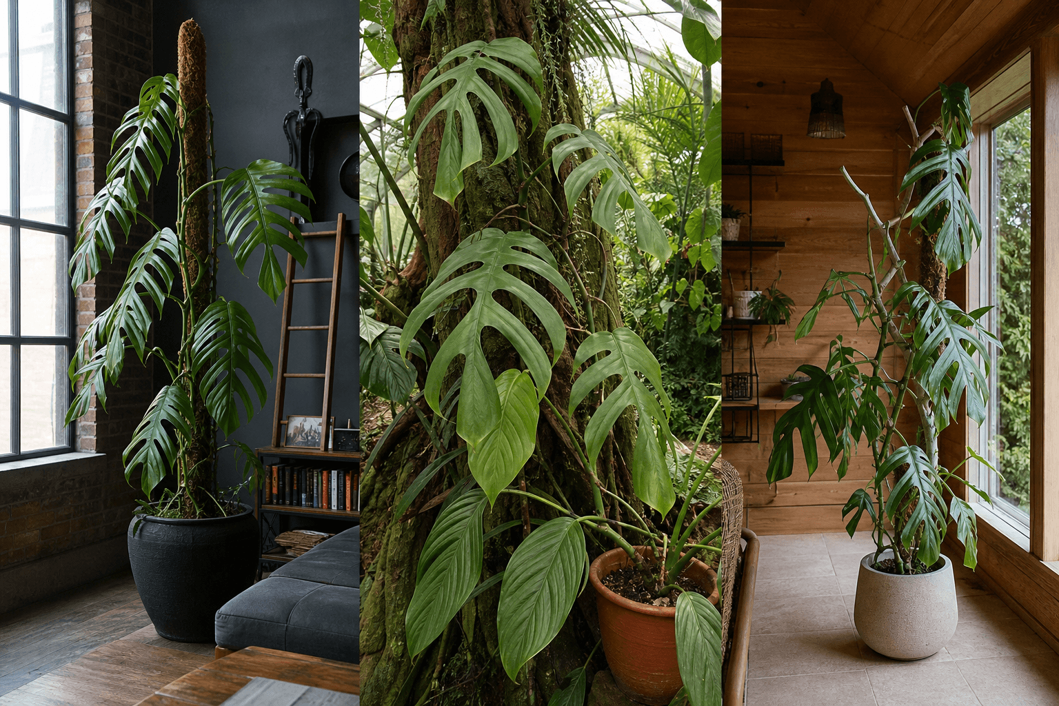 Acacoyaguensis Swiss-cheese vine shown in three settings: Living room trellis, Architectural entryway support, Conservatory wall