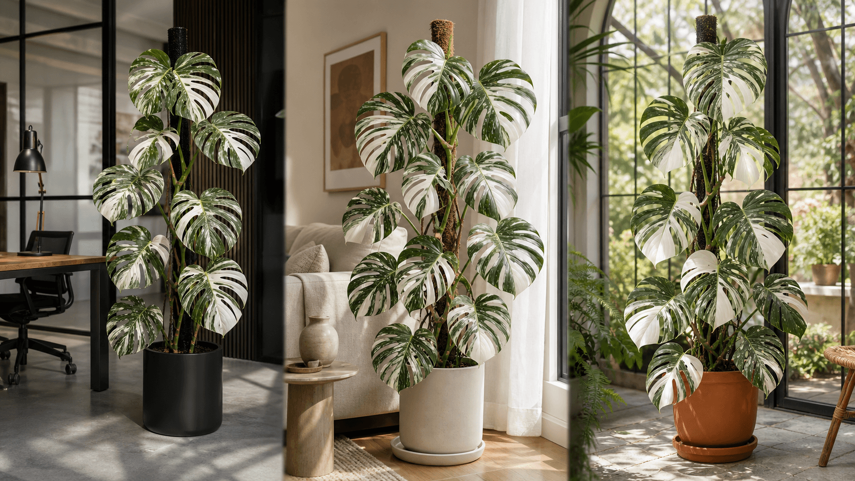 Monstera Albo Borsigiana shown in three settings: Living room trellis, Architectural entryway support, Conservatory wall