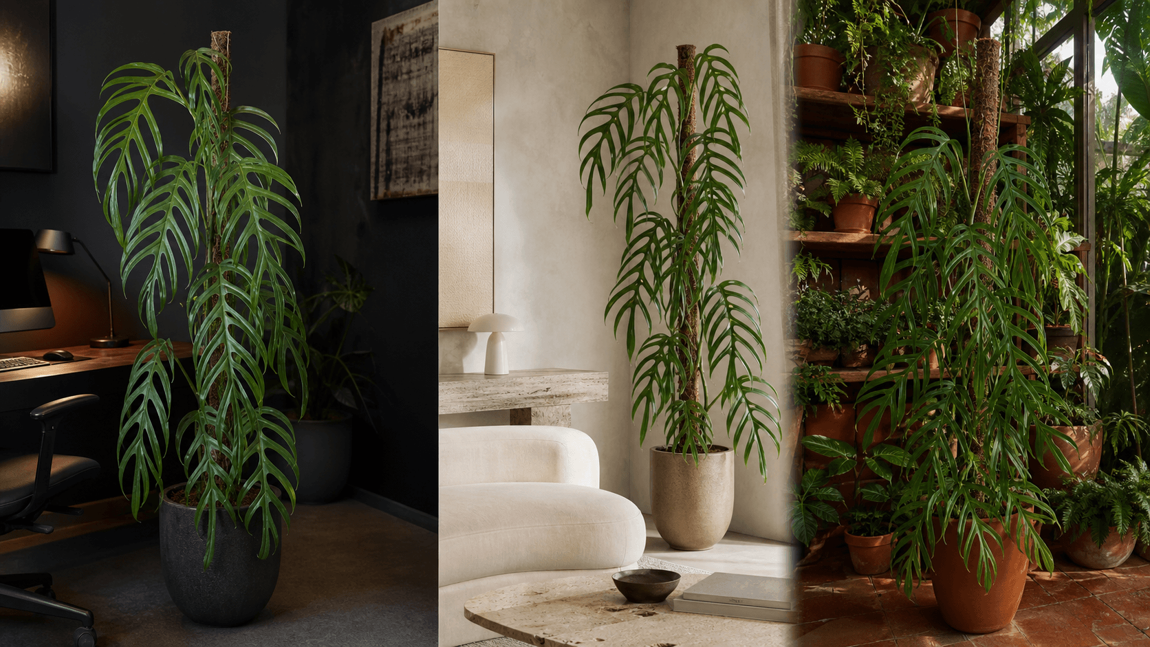 Monstera Burle Marx Flame shown in three settings: Living room trellis, Architectural entryway support, Conservatory wall