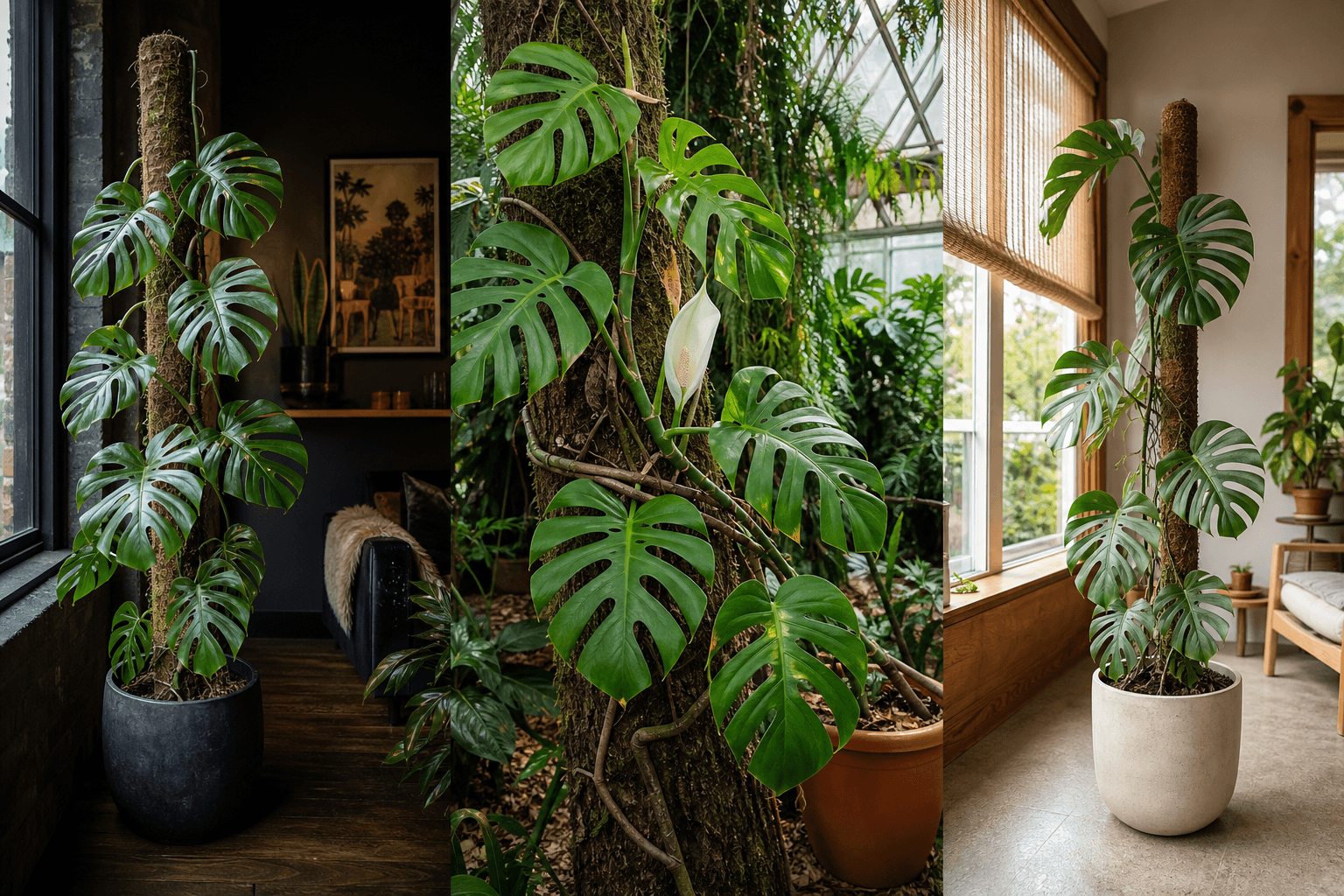 Dissecta Swiss-cheese vine shown in three settings: Living room trellis, Architectural entryway support, Conservatory wall