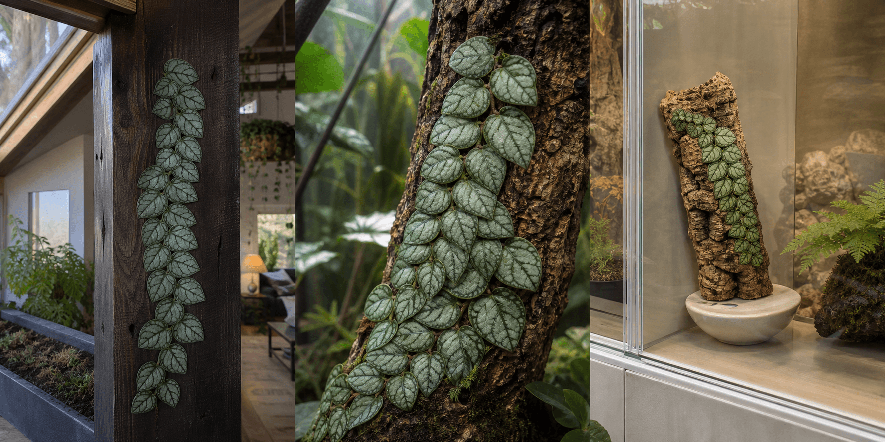 Dubia Swiss-cheese vine shown in three settings: Living room trellis, Architectural entryway support, Conservatory wall