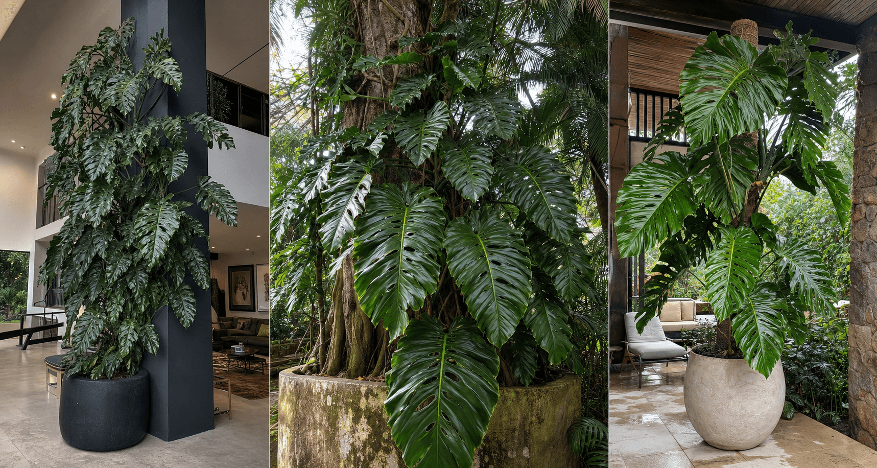 Egregia Swiss-cheese vine shown in three settings: Living room trellis, Architectural entryway support, Conservatory wall