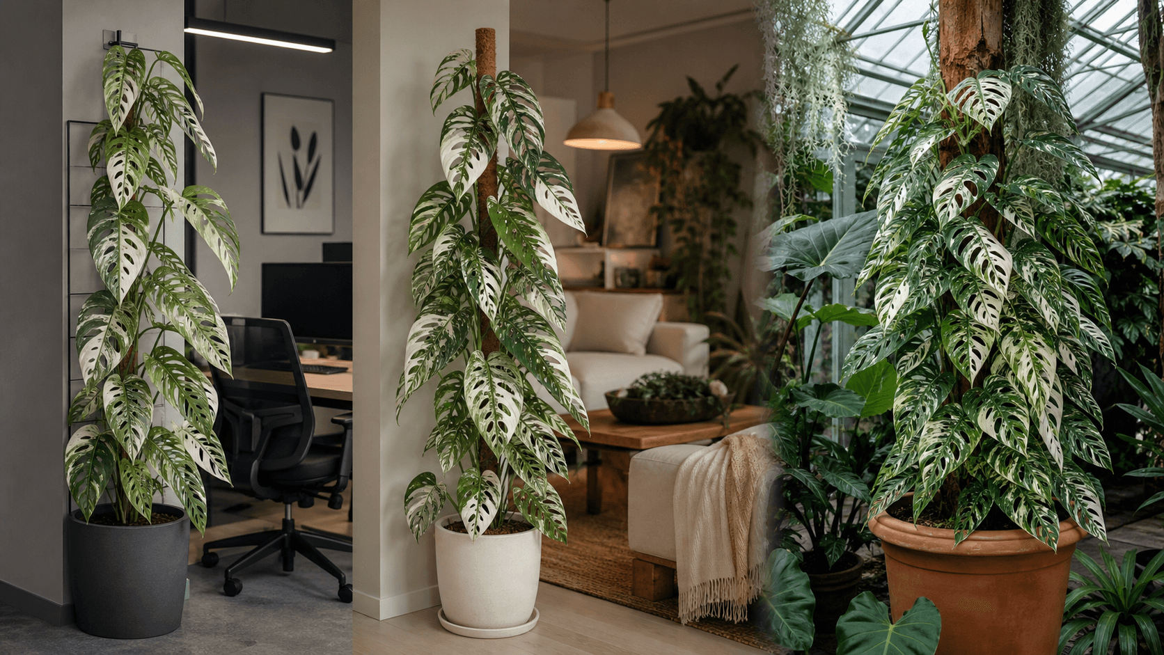 Monstera Lechleriana Albo shown in three settings: Living room trellis, Architectural entryway support, Conservatory wall