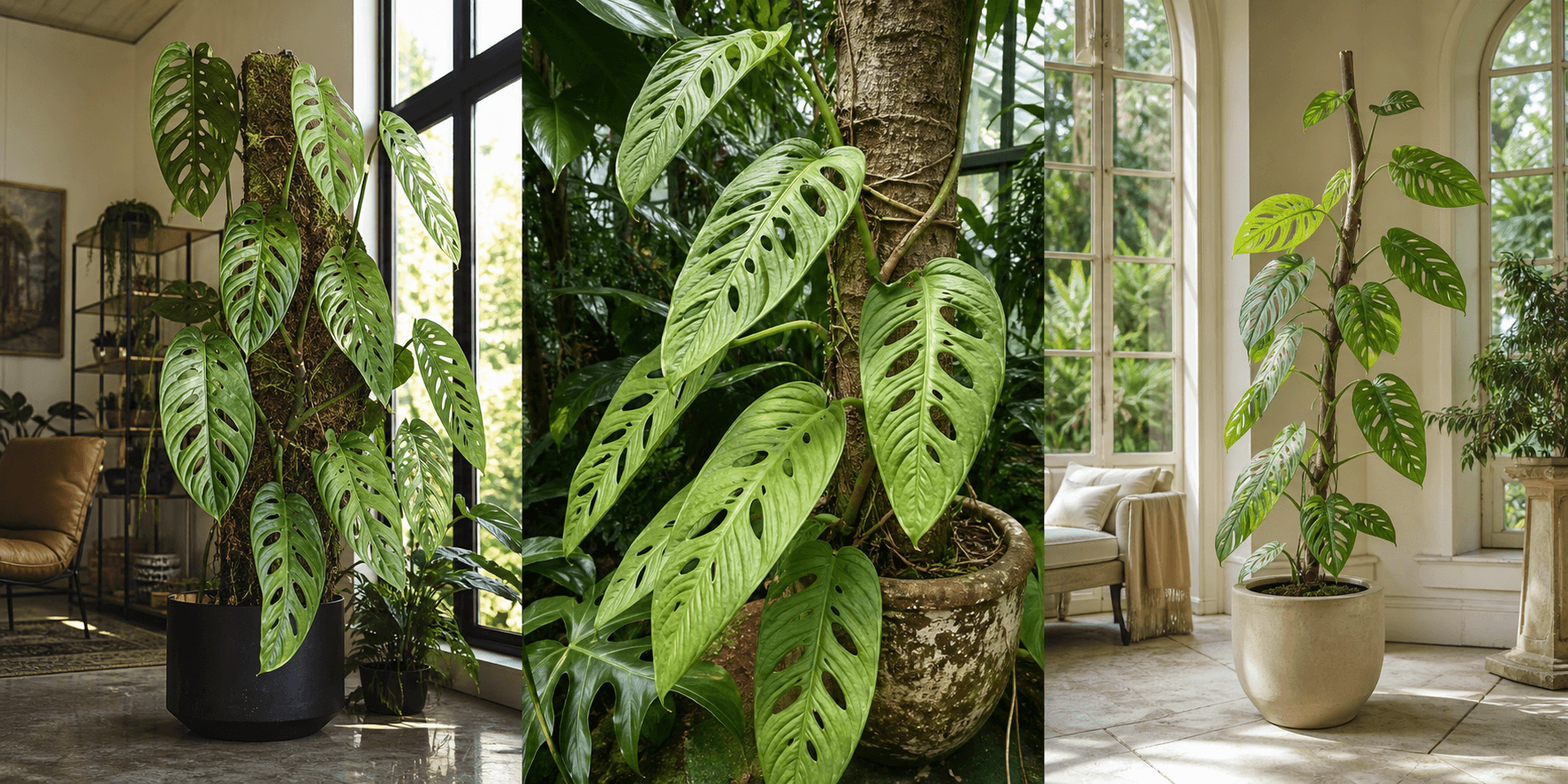 Lechleriana Swiss-cheese vine shown in three settings: Living room trellis, Architectural entryway support, Conservatory wall