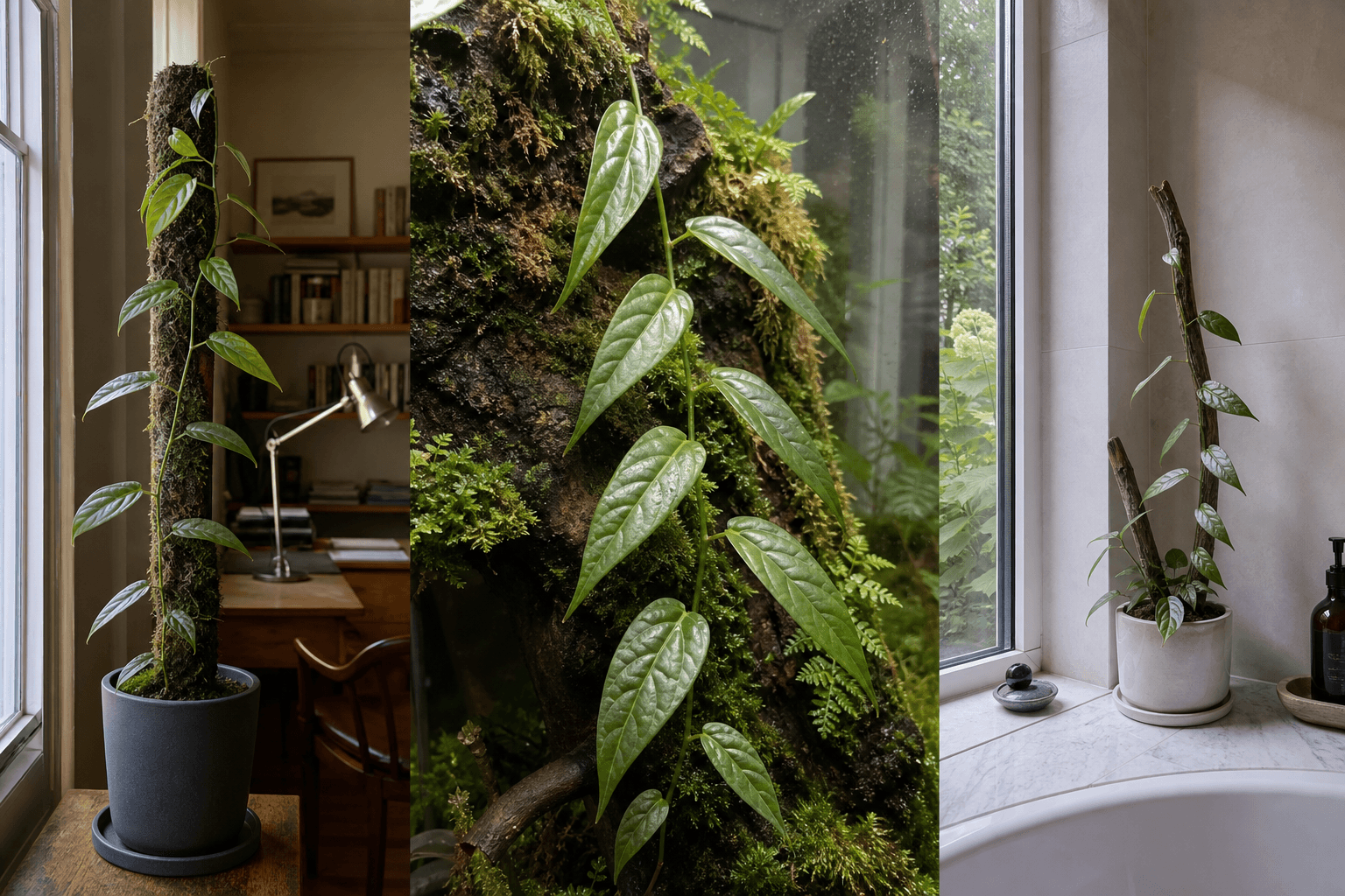 Membranacea Swiss-cheese vine shown in three settings: Living room trellis, Architectural entryway support, Conservatory wall
