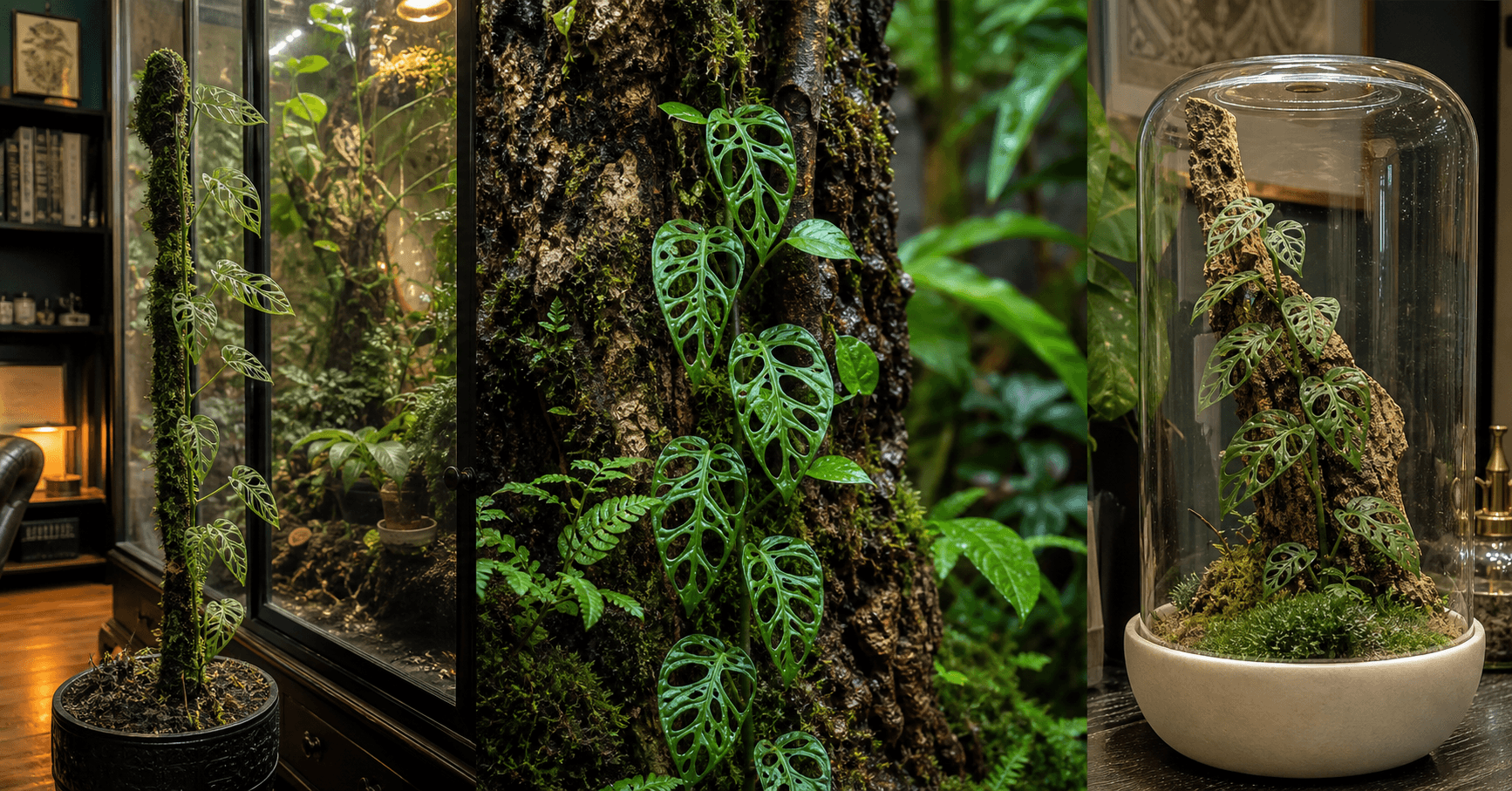 Obliqua Swiss-cheese vine shown in three settings: Living room trellis, Architectural entryway support, Conservatory wall