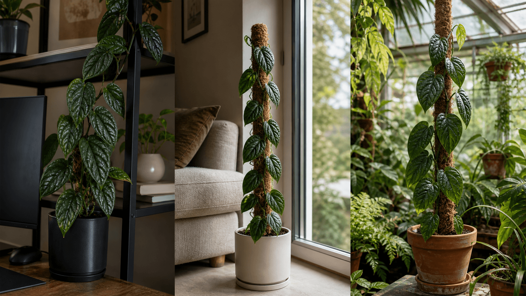 Monstera Peru shown in three settings: Living room trellis, Architectural entryway support, Conservatory wall