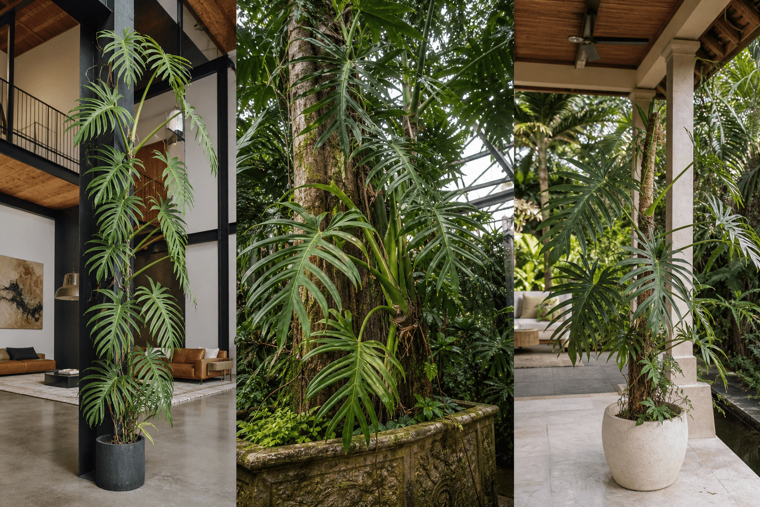 Pinnatipartita Swiss-cheese vine shown in three settings: Living room trellis, Architectural entryway support, Conservatory wall