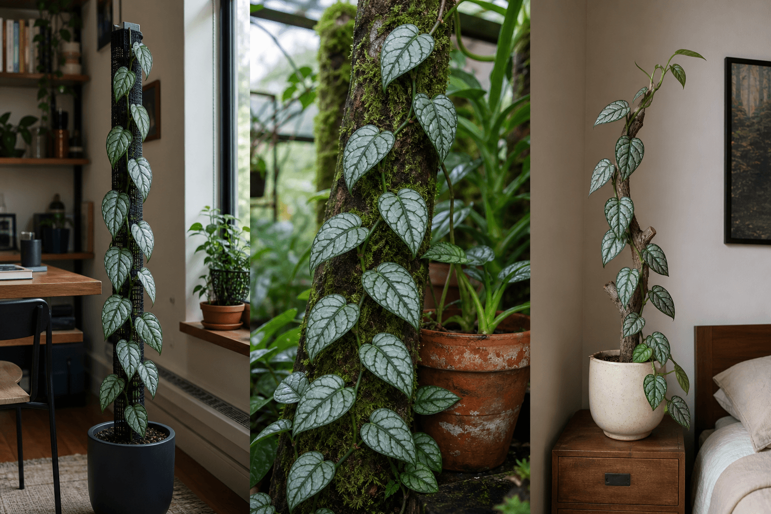 Siltepecana Swiss-cheese vine shown in three settings: Living room trellis, Architectural entryway support, Conservatory wall