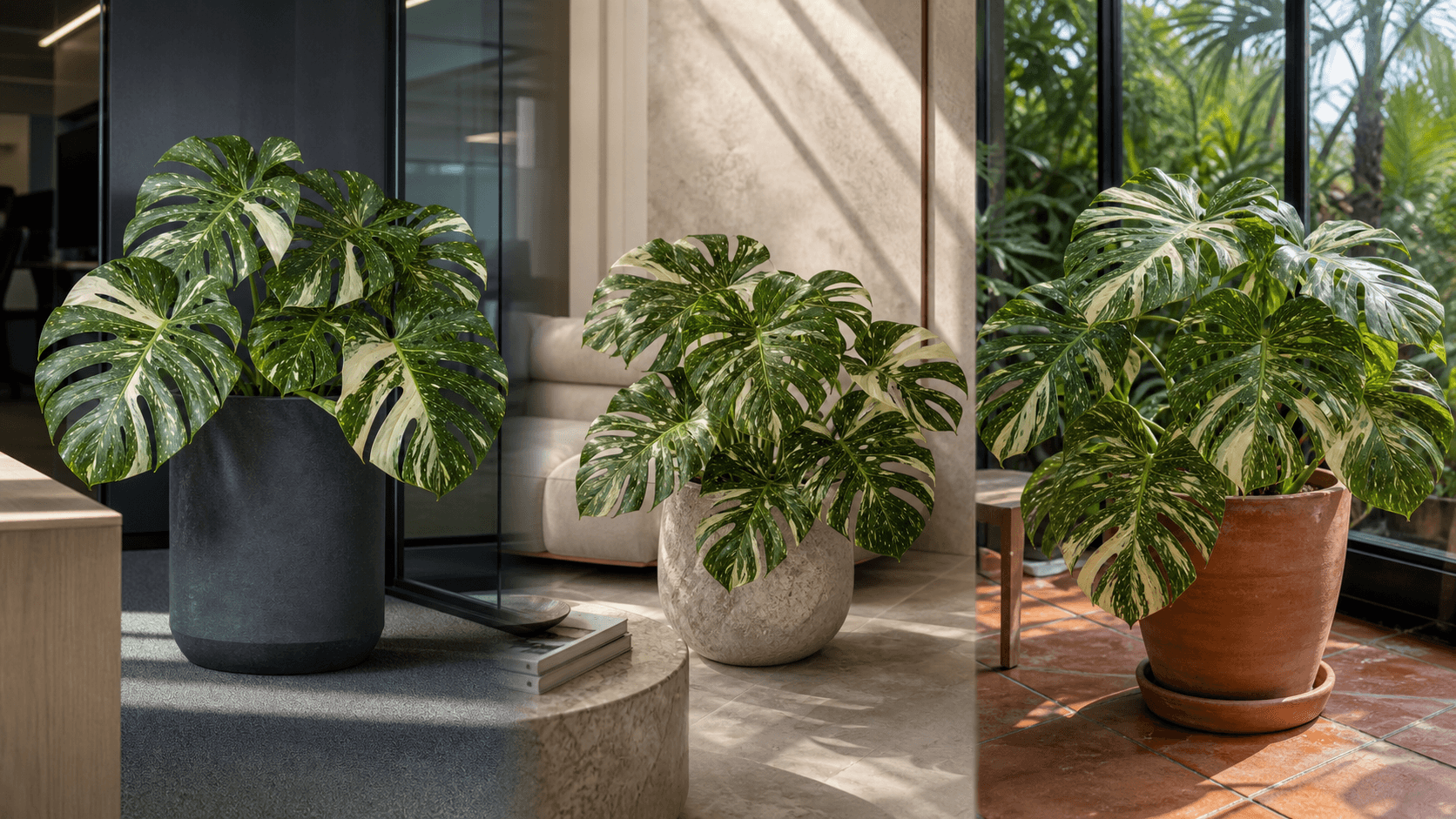Monstera Thai Constellation shown in three settings: Living room trellis, Architectural entryway support, Conservatory wall