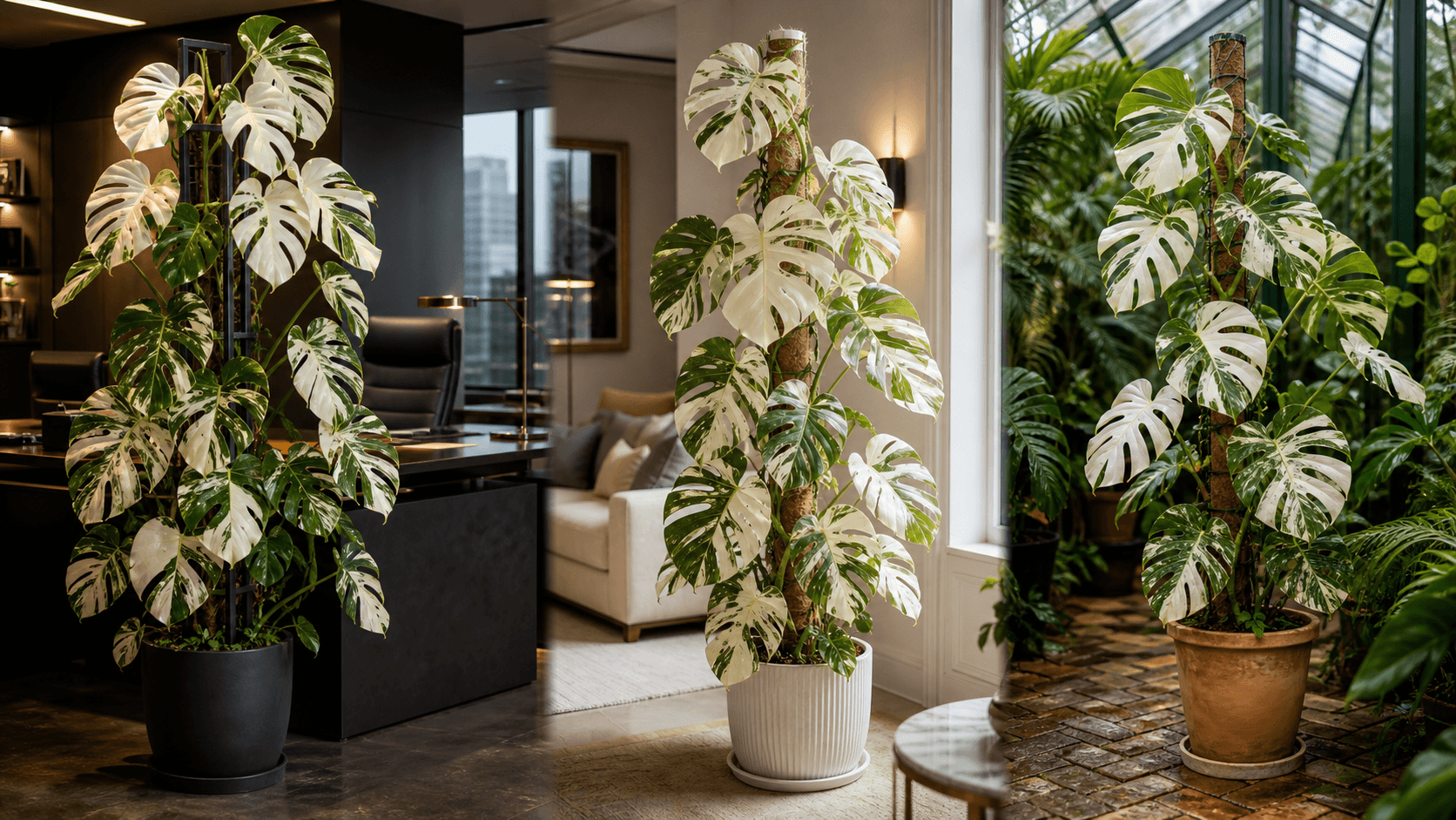 Monstera White Monster shown in three settings: Living room trellis, Architectural entryway support, Conservatory wall