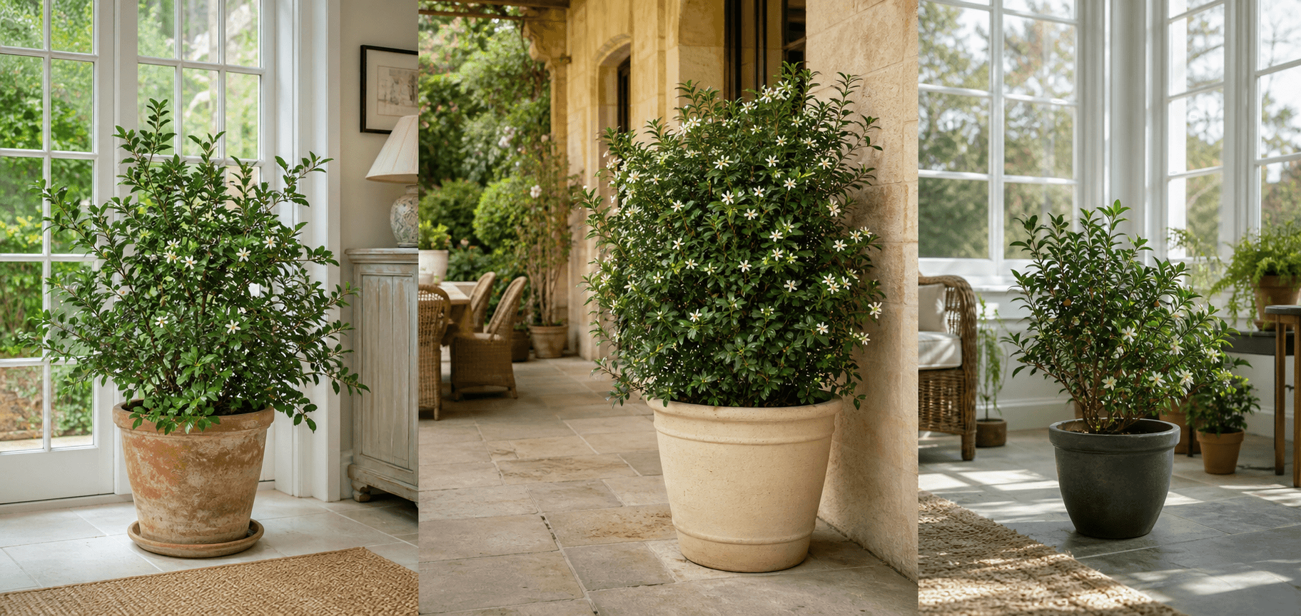 Orange Jasmine shown in three settings: Executive office, Refined living room, Bright conservatory