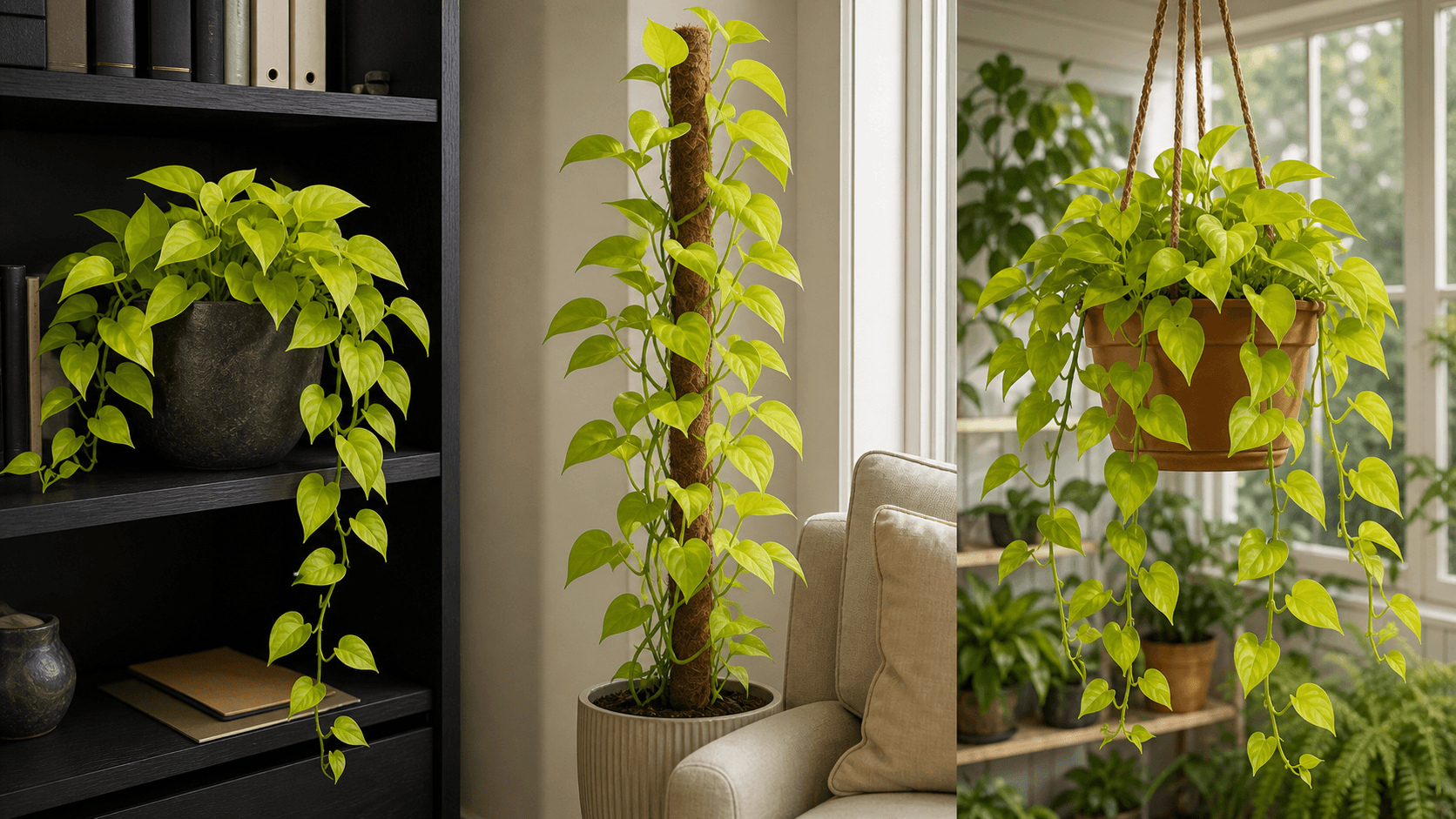 Neon Pothos shown in three settings: Executive office shelf, Living room hanging planter, Glass conservatory display