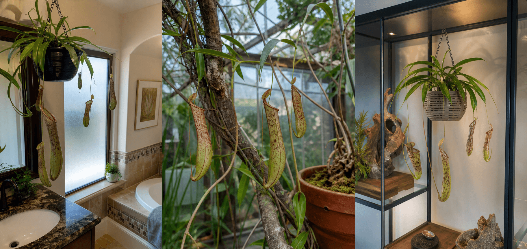 Alata tropical pitcher plant shown in three settings: Living room trellis, Architectural entryway support, Conservatory wall