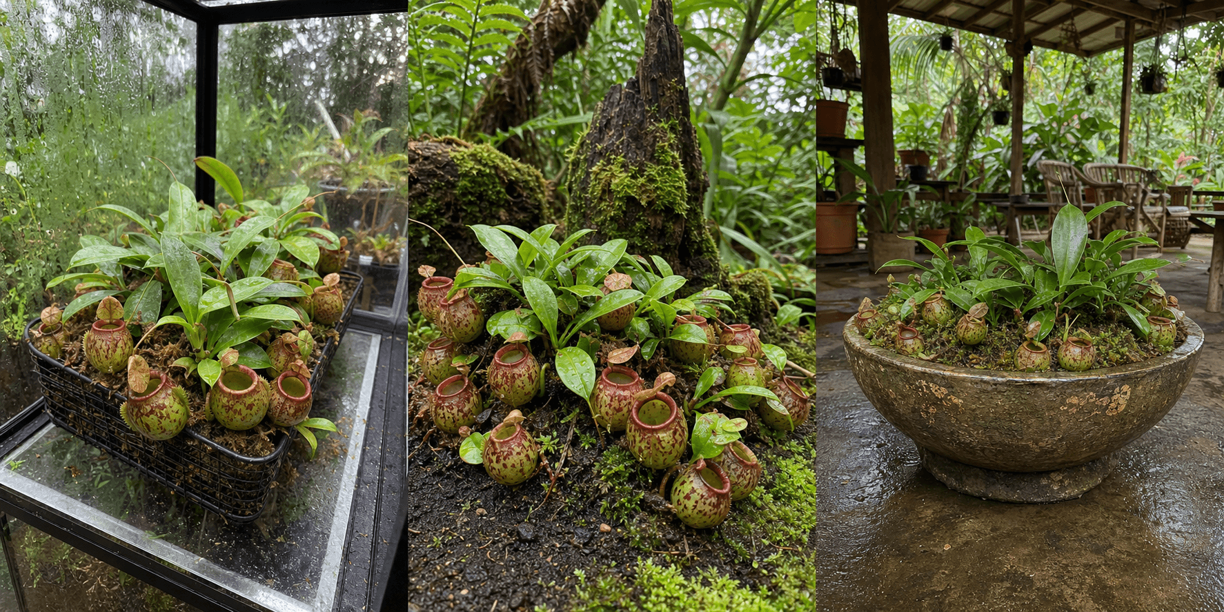 Ampullaria tropical pitcher plant shown in three settings: Living room trellis, Architectural entryway support, Conservatory wall