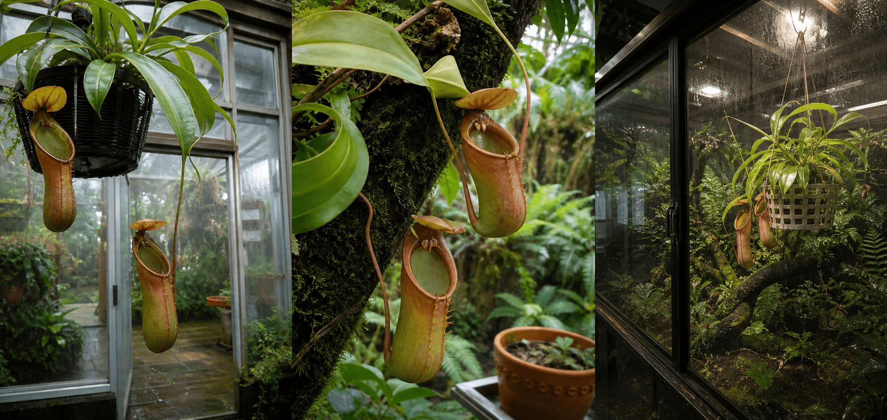 Bicalcarata tropical pitcher plant shown in three settings: Living room trellis, Architectural entryway support, Conservatory wall
