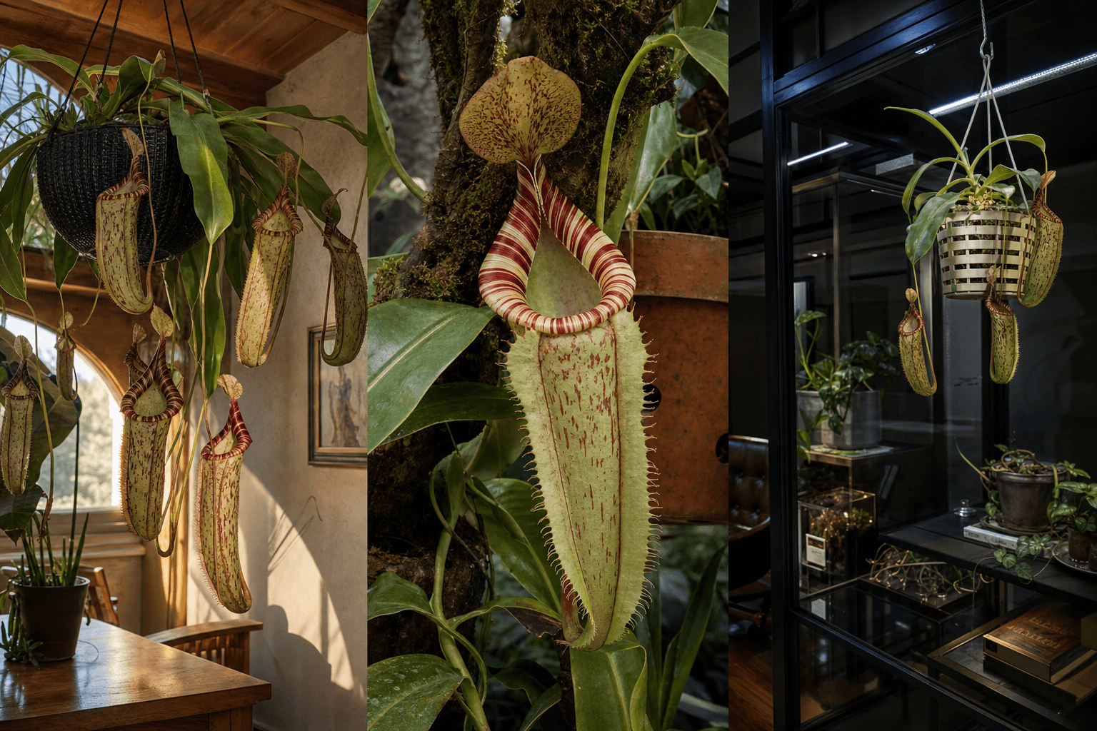 Maxima tropical pitcher plant shown in three settings: Living room trellis, Architectural entryway support, Conservatory wall