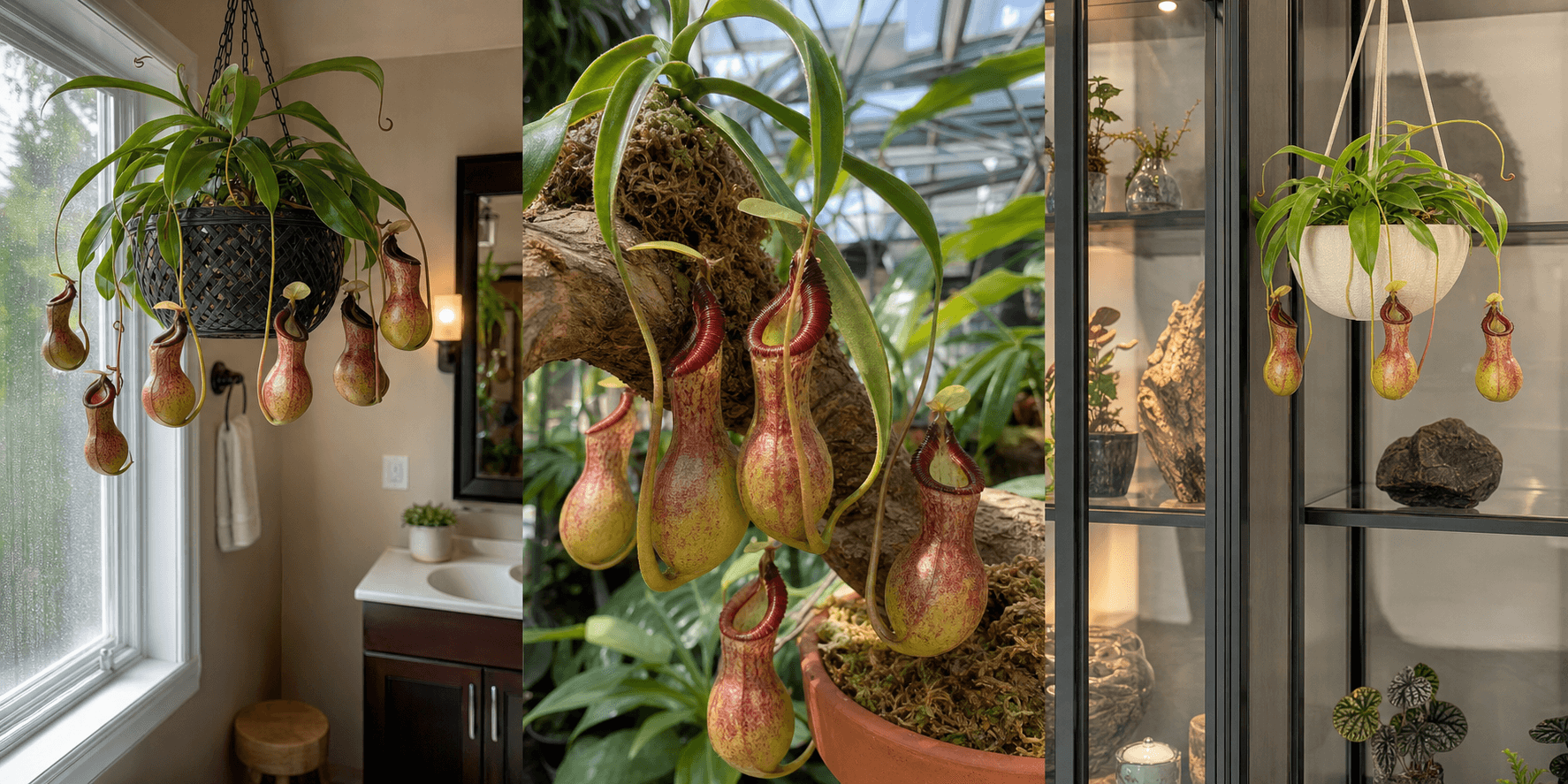Ventricosa tropical pitcher plant shown in three settings: Living room trellis, Architectural entryway support, Conservatory wall