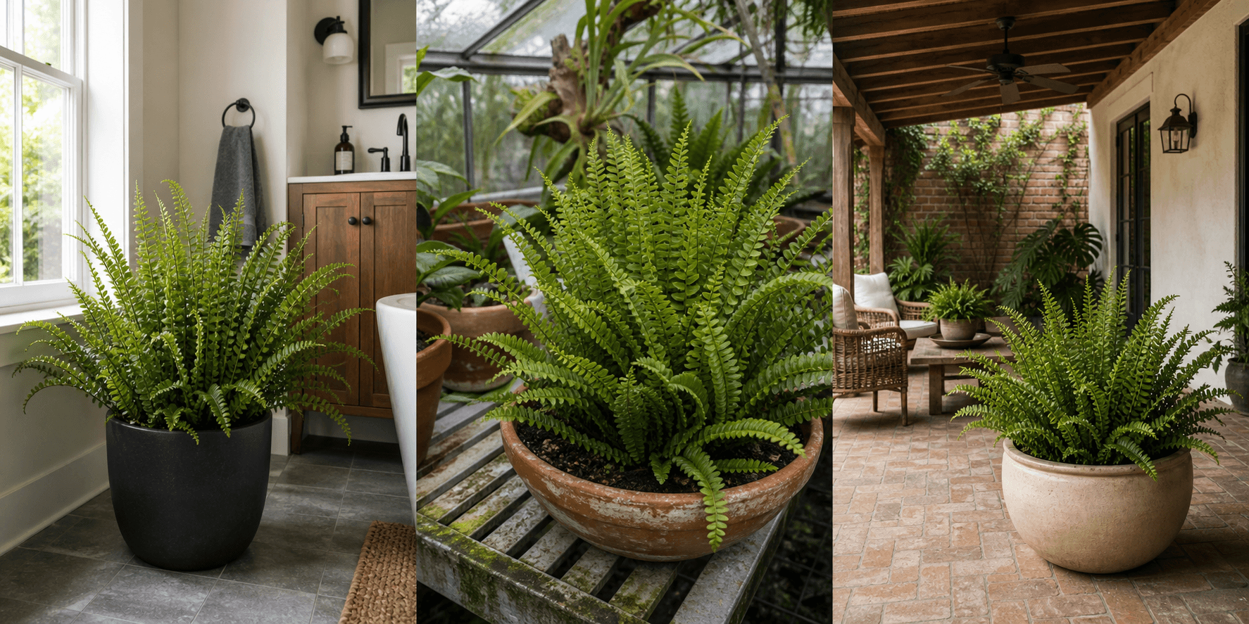 Cordifolia sword fern shown in three settings: Spa bathroom, Shaded living room, Glass conservatory