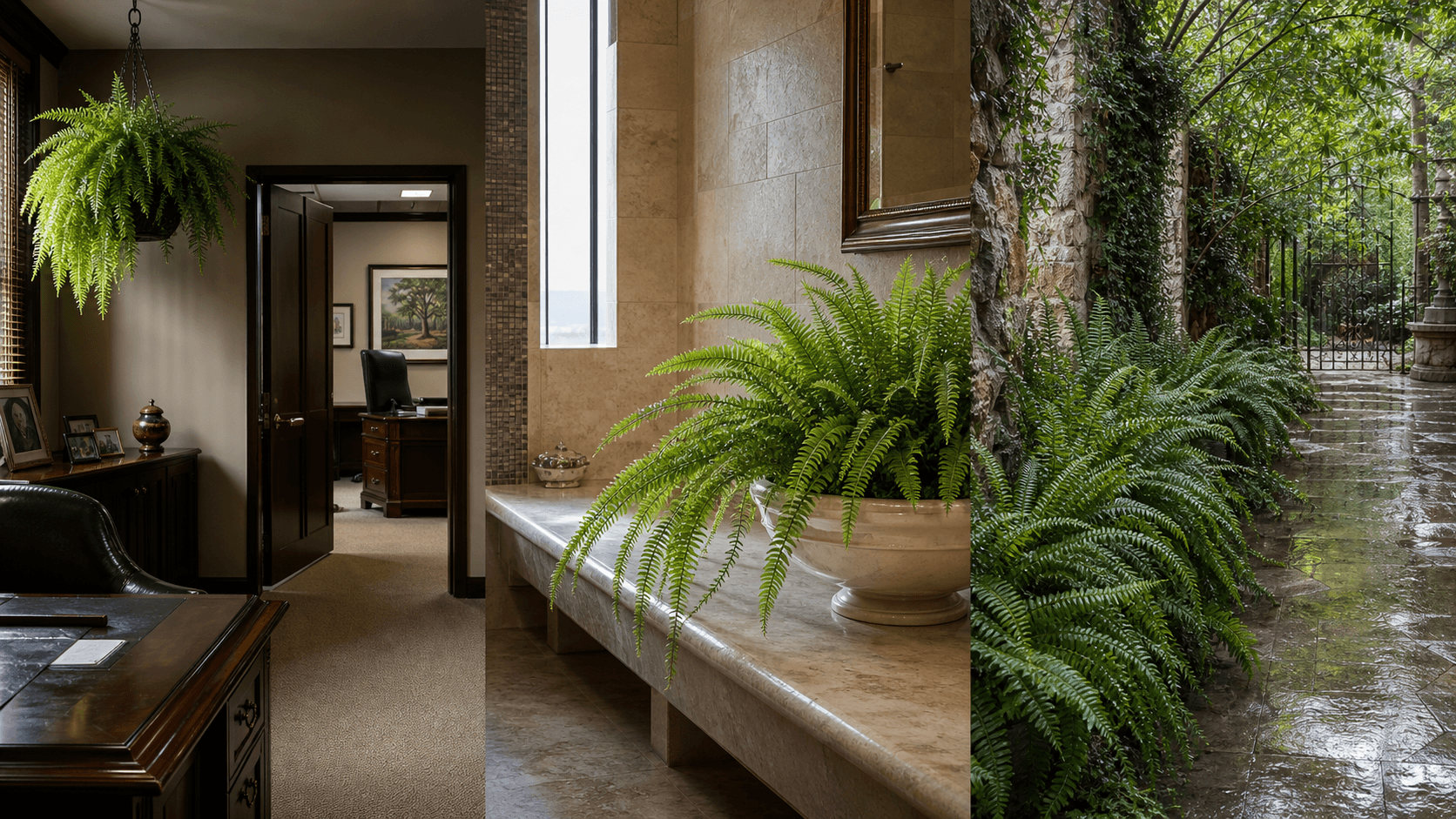 Boston Fern shown in three settings: Spa bathroom, Shaded living room, Glass conservatory