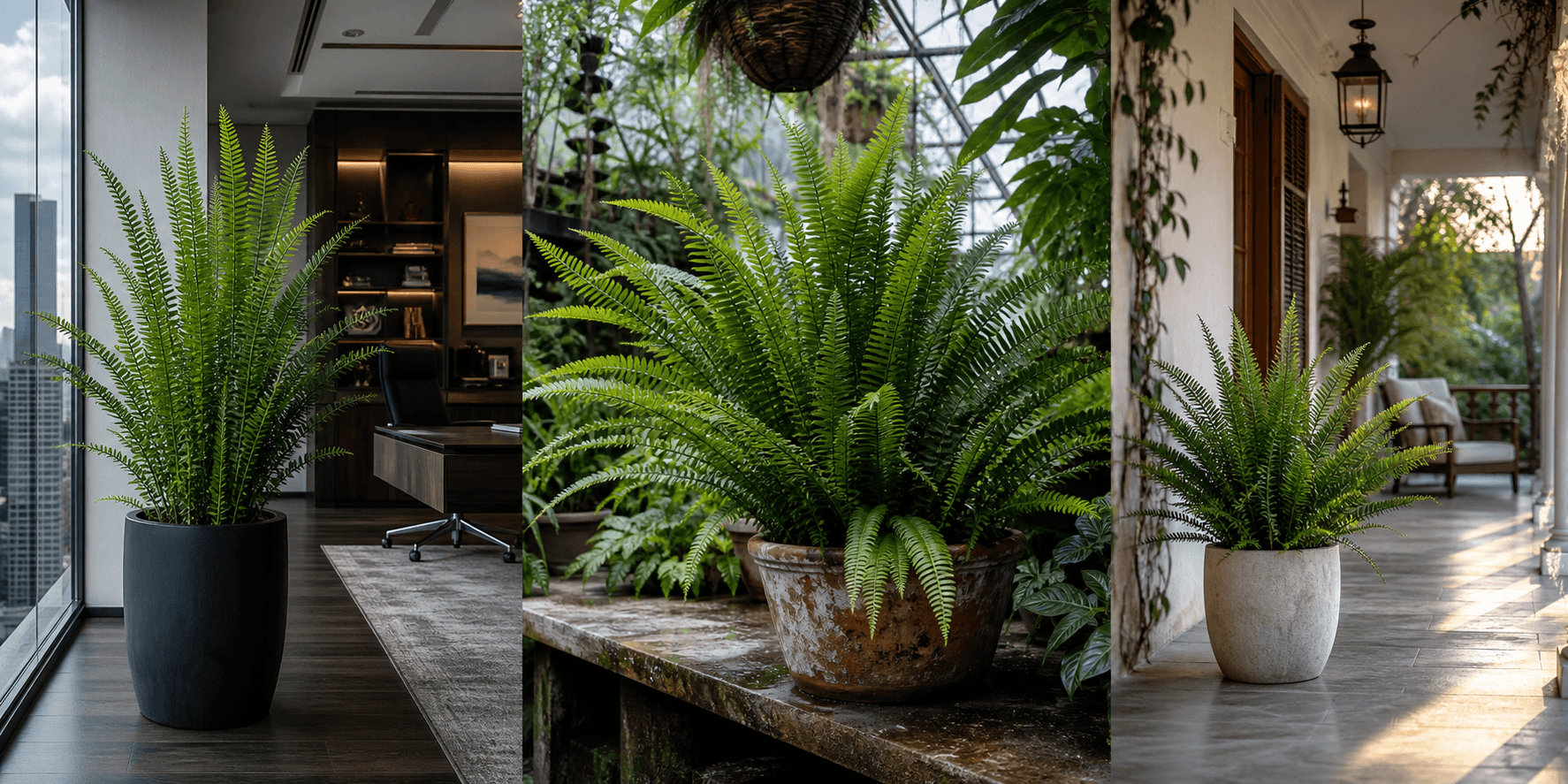 Kimberly Queen Fern shown in three settings: Spa bathroom, Shaded living room, Glass conservatory