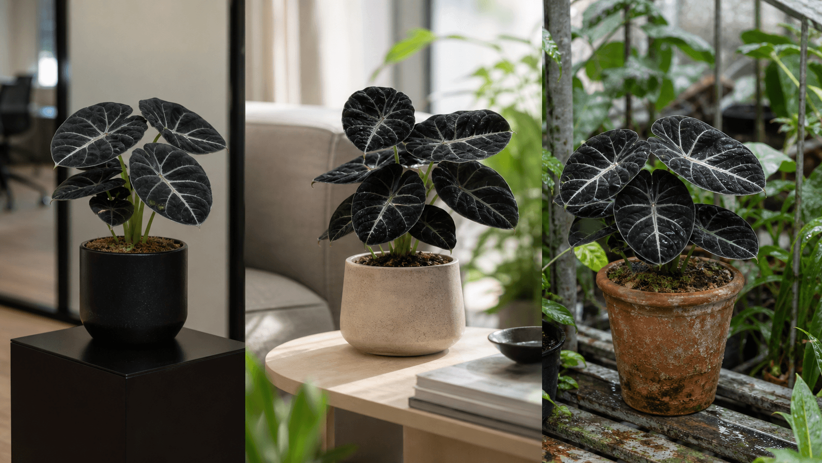 Ninja Alocasia shown in three settings: Executive office, Refined living room, Bright conservatory