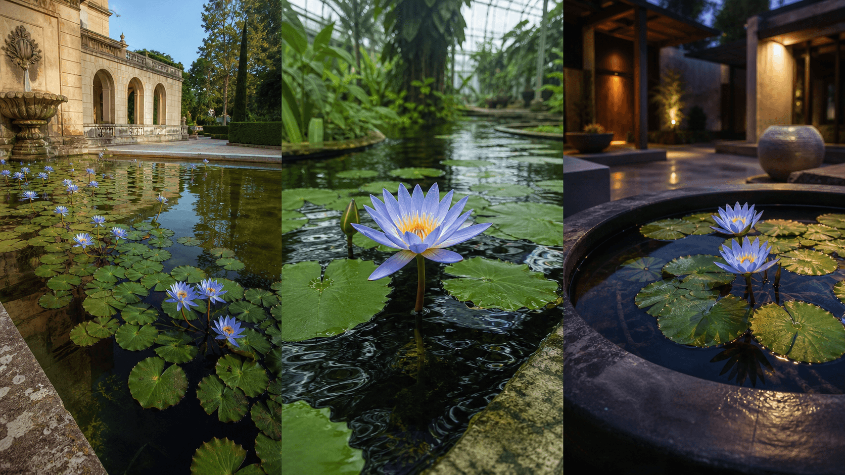 Blue Lotus Water Lily shown in three settings: Designer aquarium, Architectural water feature, Conservatory pond