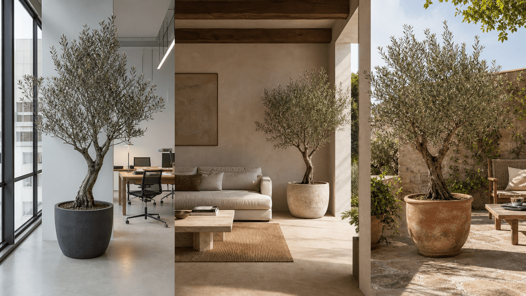 Olive Tree shown in three settings: Executive office, Refined living room, Bright conservatory