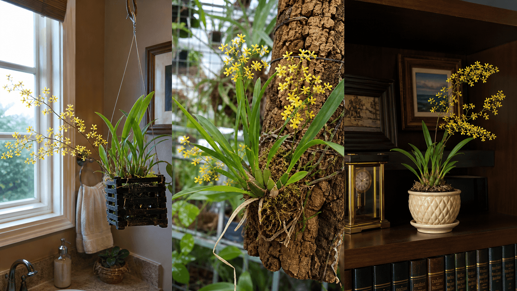 Cheirophorum dancing-lady orchid shown in three settings: Refined living room, Bright architectural entryway, Sheltered patio