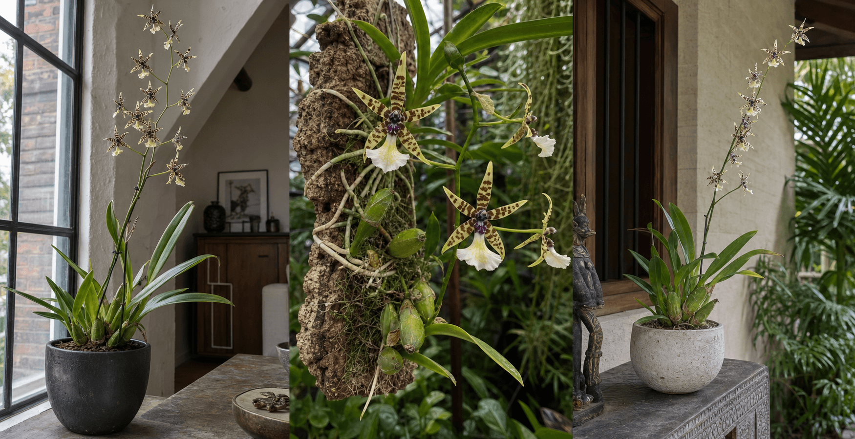 Hastilabium dancing-lady orchid shown in three settings: Refined living room, Bright architectural entryway, Sheltered patio