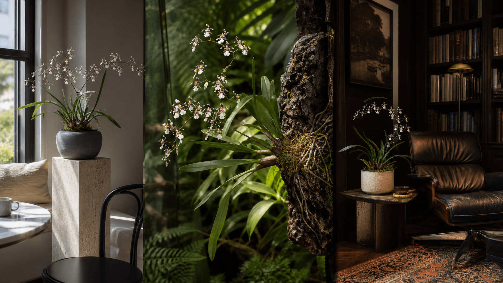 Incurvum dancing-lady orchid shown in three settings: Refined living room, Bright architectural entryway, Sheltered patio