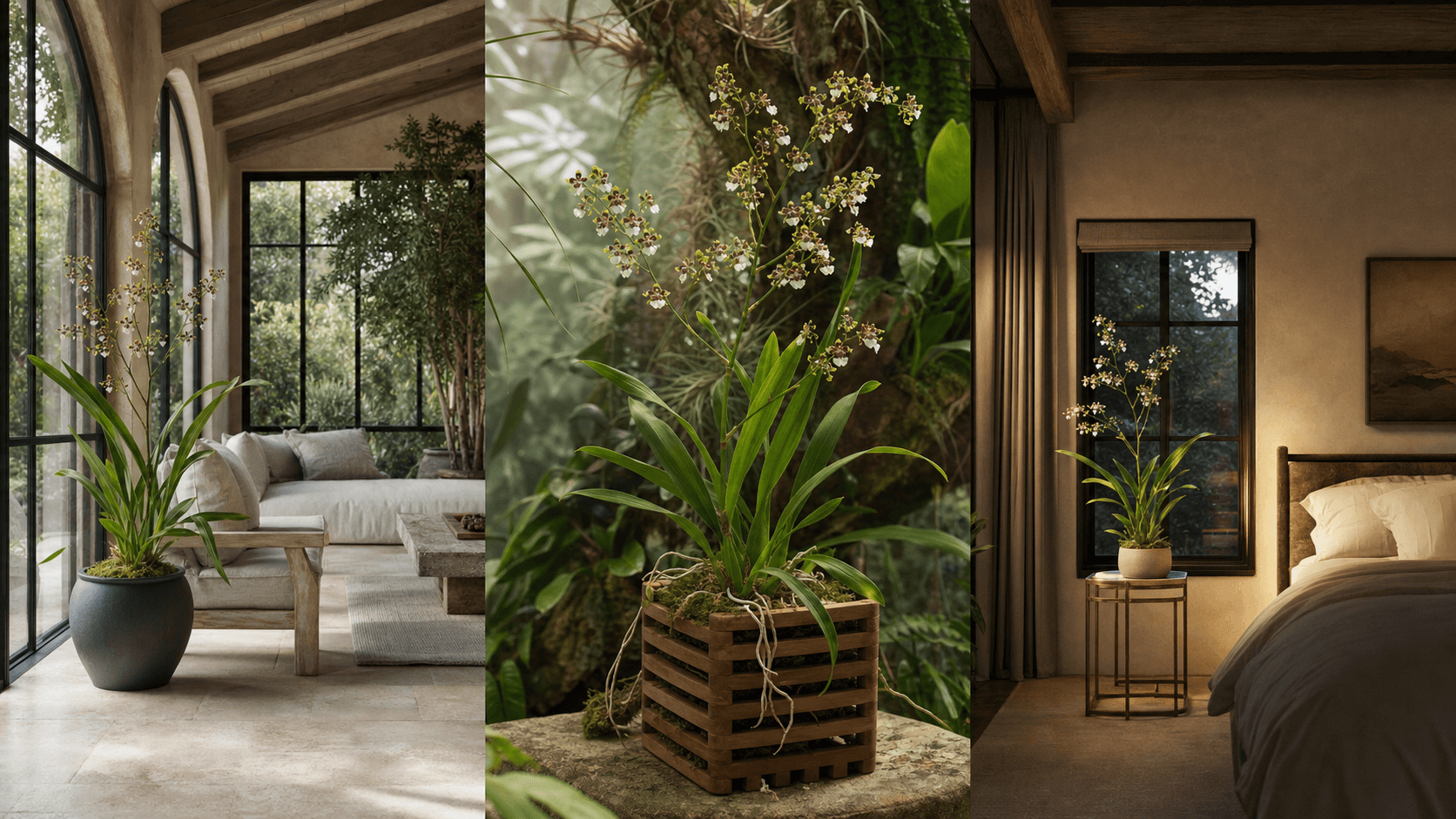 Leucochilum dancing-lady orchid shown in three settings: Refined living room, Bright architectural entryway, Sheltered patio
