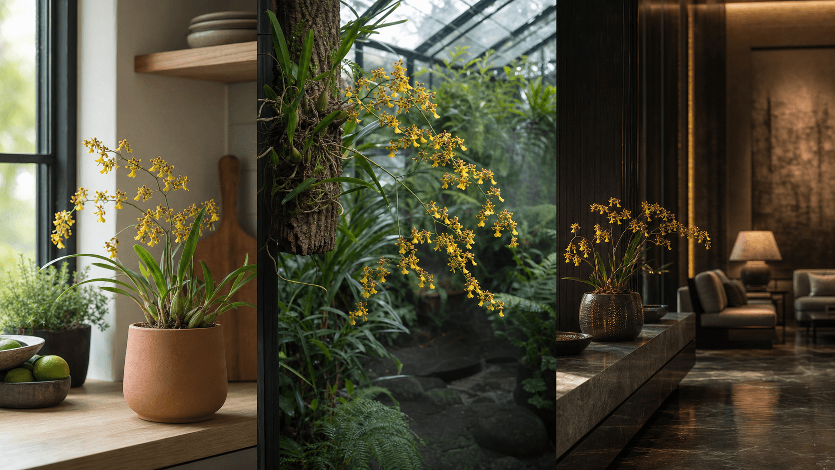 Ornithorhynchum dancing-lady orchid shown in three settings: Refined living room, Bright architectural entryway, Sheltered patio