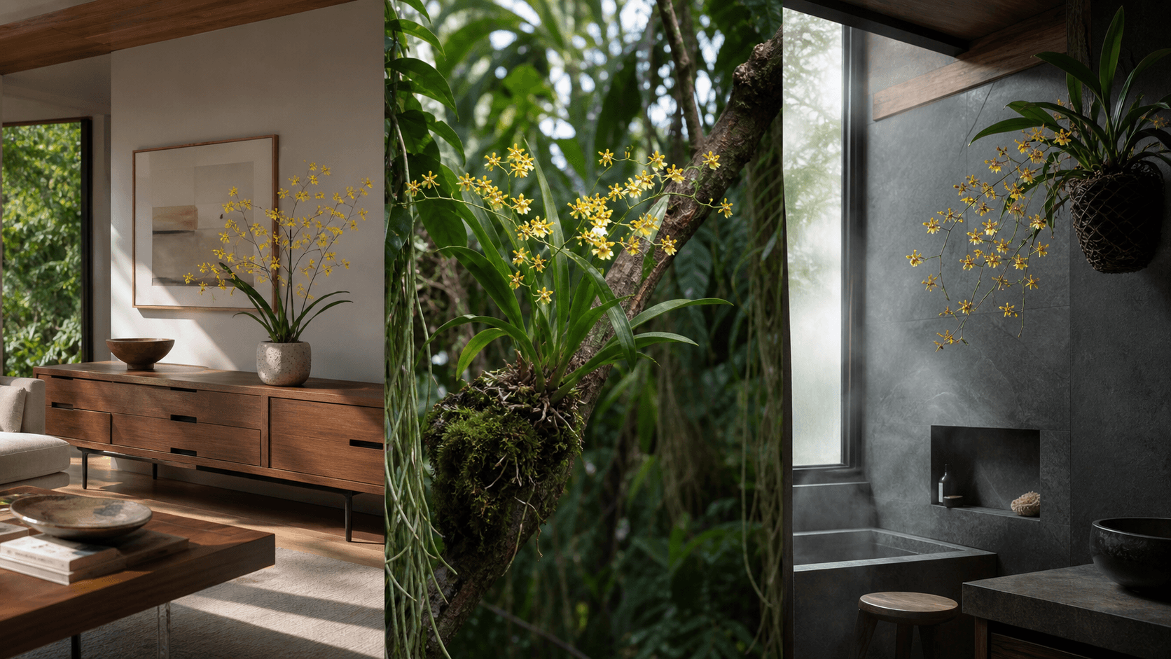 Sphacelatum dancing-lady orchid shown in three settings: Refined living room, Bright architectural entryway, Sheltered patio