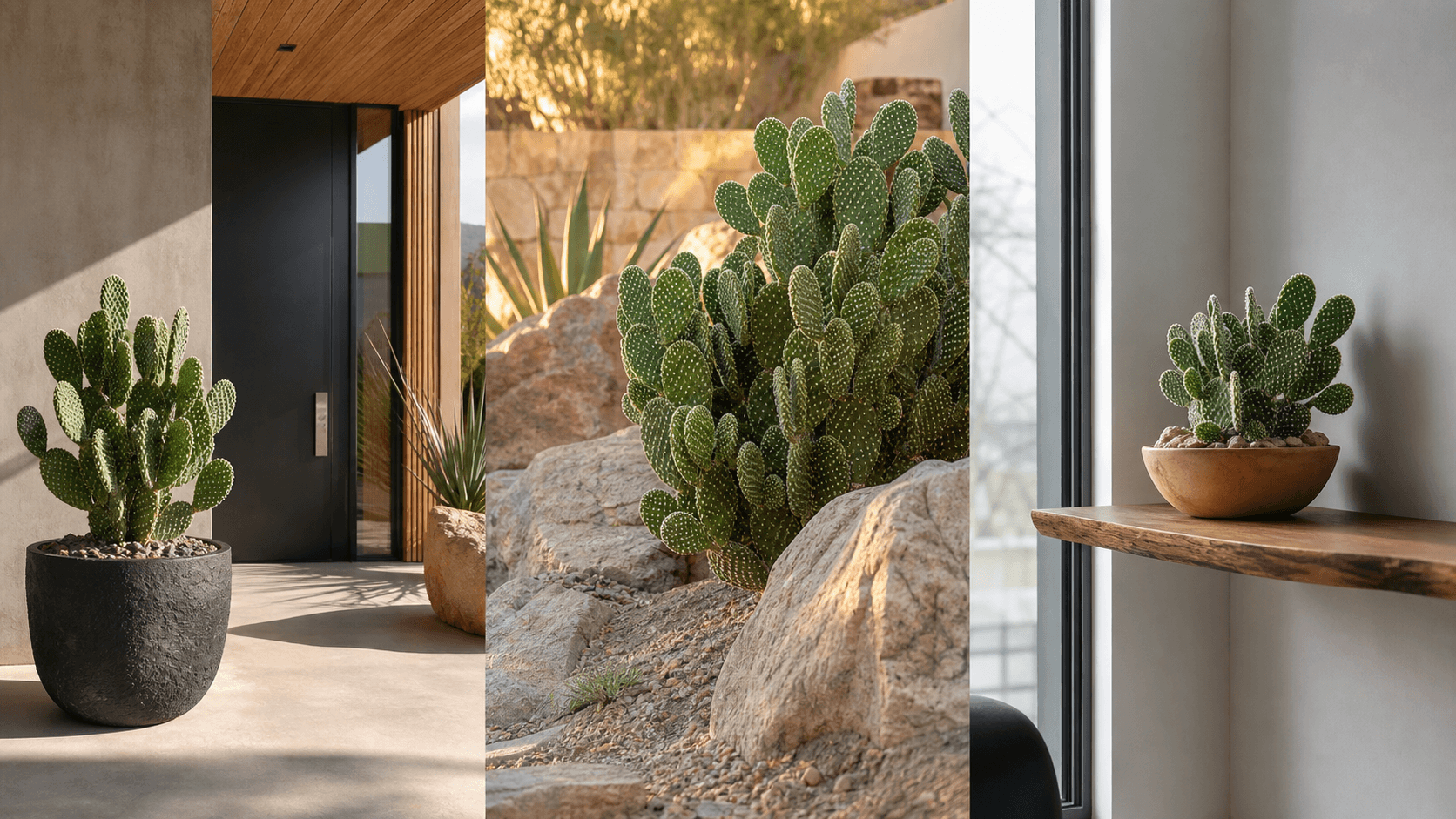 Bunny Ears Cactus shown in three settings: Bright executive office, Modern living room, Sheltered patio